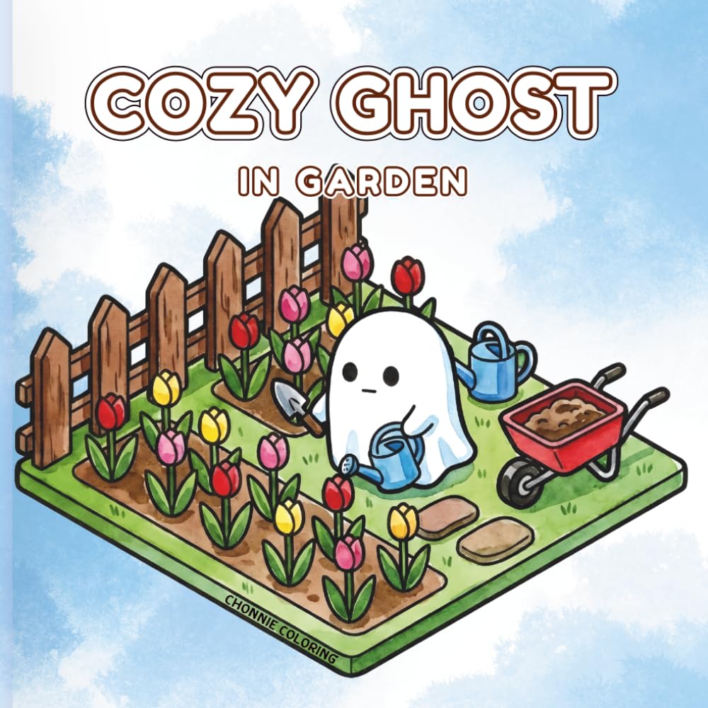 Cozy Ghost in Garden: A Kawaii Isometric Botanical Coloring Book Featuring Cute Spooky Spirits and Relaxing Floral Landscapes for Kids, Teens, and Adults