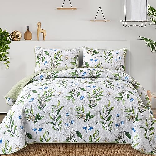 Image of Anibedding Queen Quilt Set, Floral Botanical Bedspread with 2 Pillowcase | Soft Microfiber, 3 Pieces Green Leaves Pattern Bedspread, Floral Branch Bedding Set, All Season, Room Decor, Queen(96 inchx90 inch)