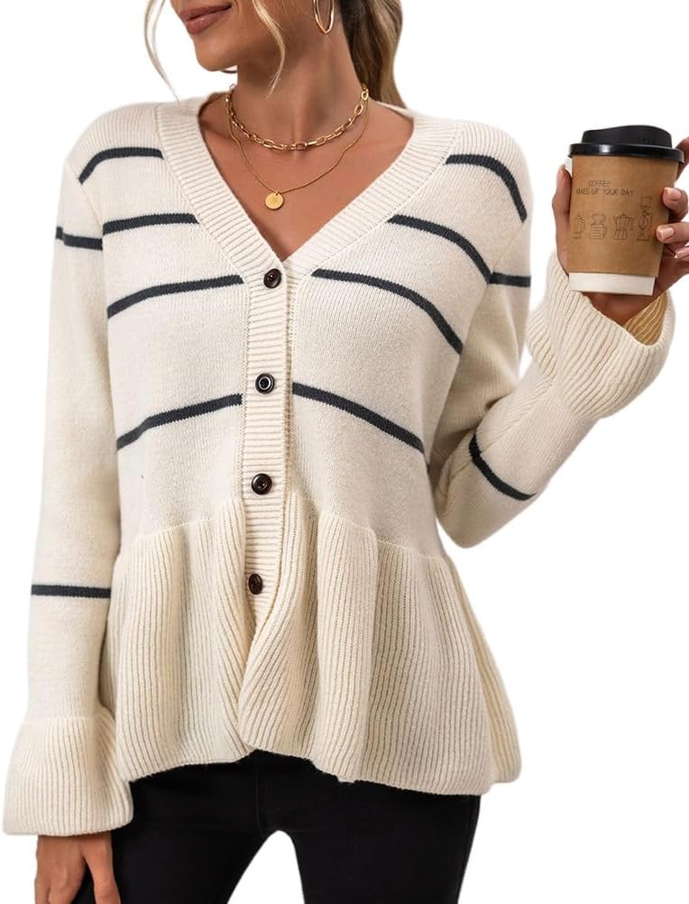 Kinghua Striped Cardigan Sweaters for Women Fall Winter Knitted Tops Casual V Neck Button Down Peplum Sweater