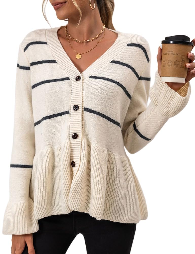 Kinghua Striped Cardigan Sweaters for Women Fall Winter Knitted Tops Casual V Neck Button Down Peplum Sweater