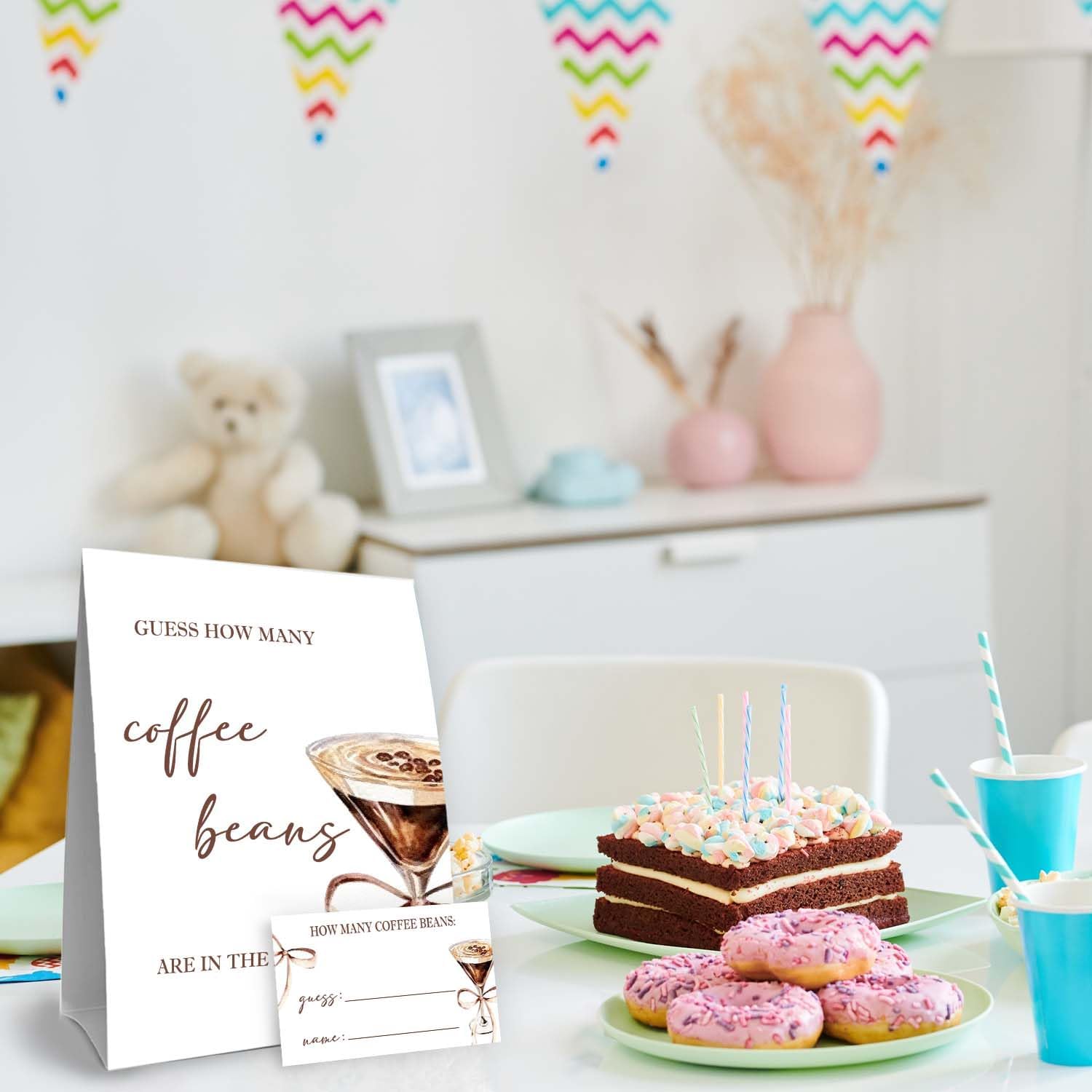 Coffee Party Decorations,Coffee Guess How Many Baby Shower Game,Guess How Many Coffees Beans are in The Jar, Bridal Shower Games, Party Games & Activities 50 Cards and Sign