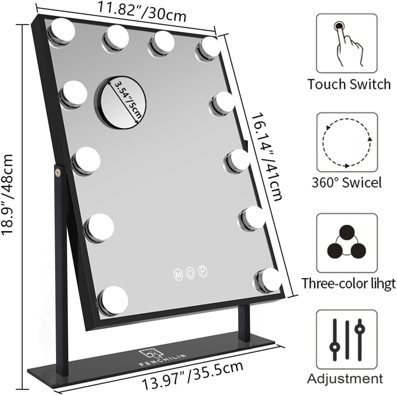 fenchilin lighted makeup mirror hollywood mirror vanity makeup mirror with light smart touch control 3colors dimable light detachable 10x magnification 360°rotation(black) b-black