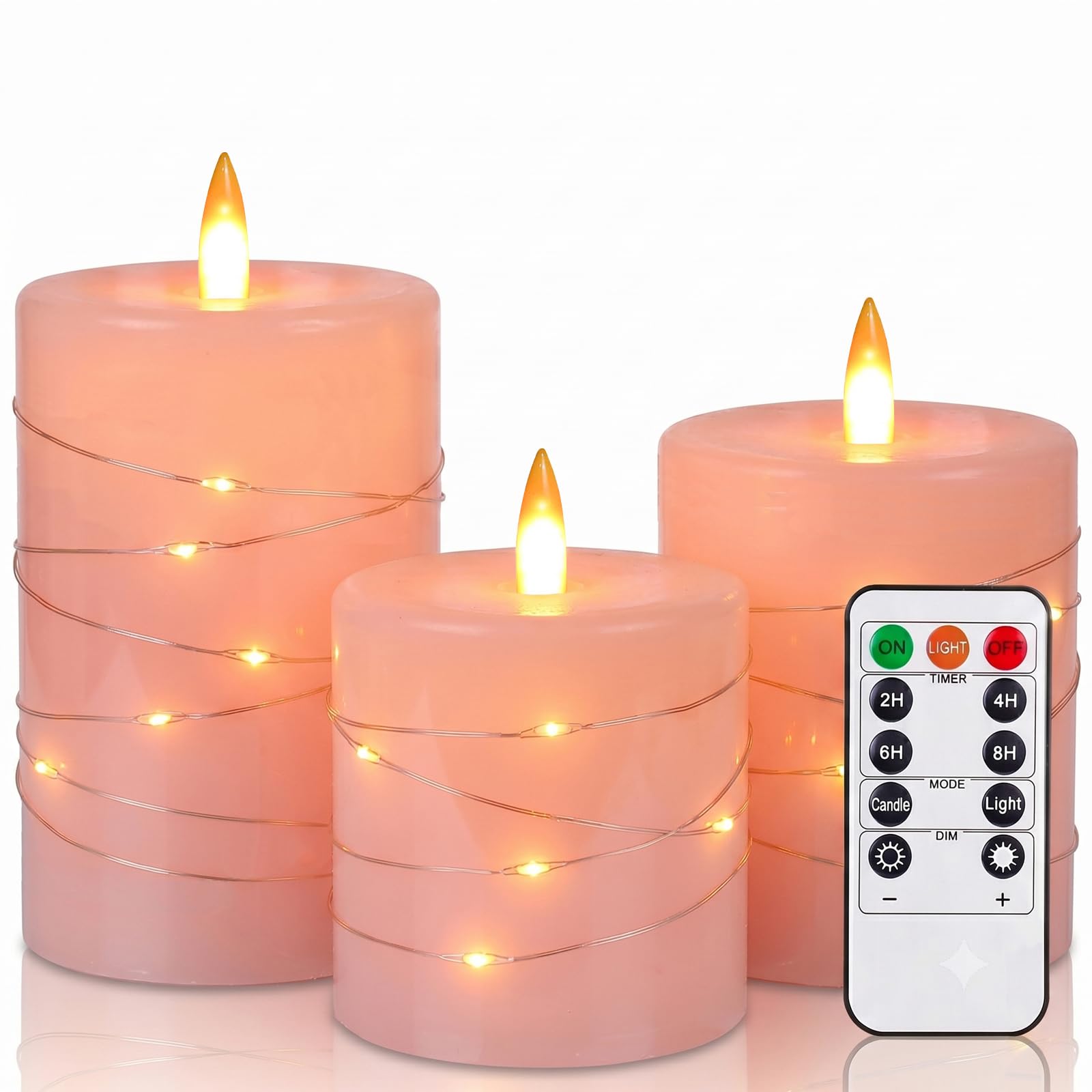 Maxspace Candele senza fiamma con catena luminosa, candele a LED con fiamma tremolante con telecomando, in vera cera, candele a colonna alimentate a batteria, per regali di nozze, set da 3 (rosa)
