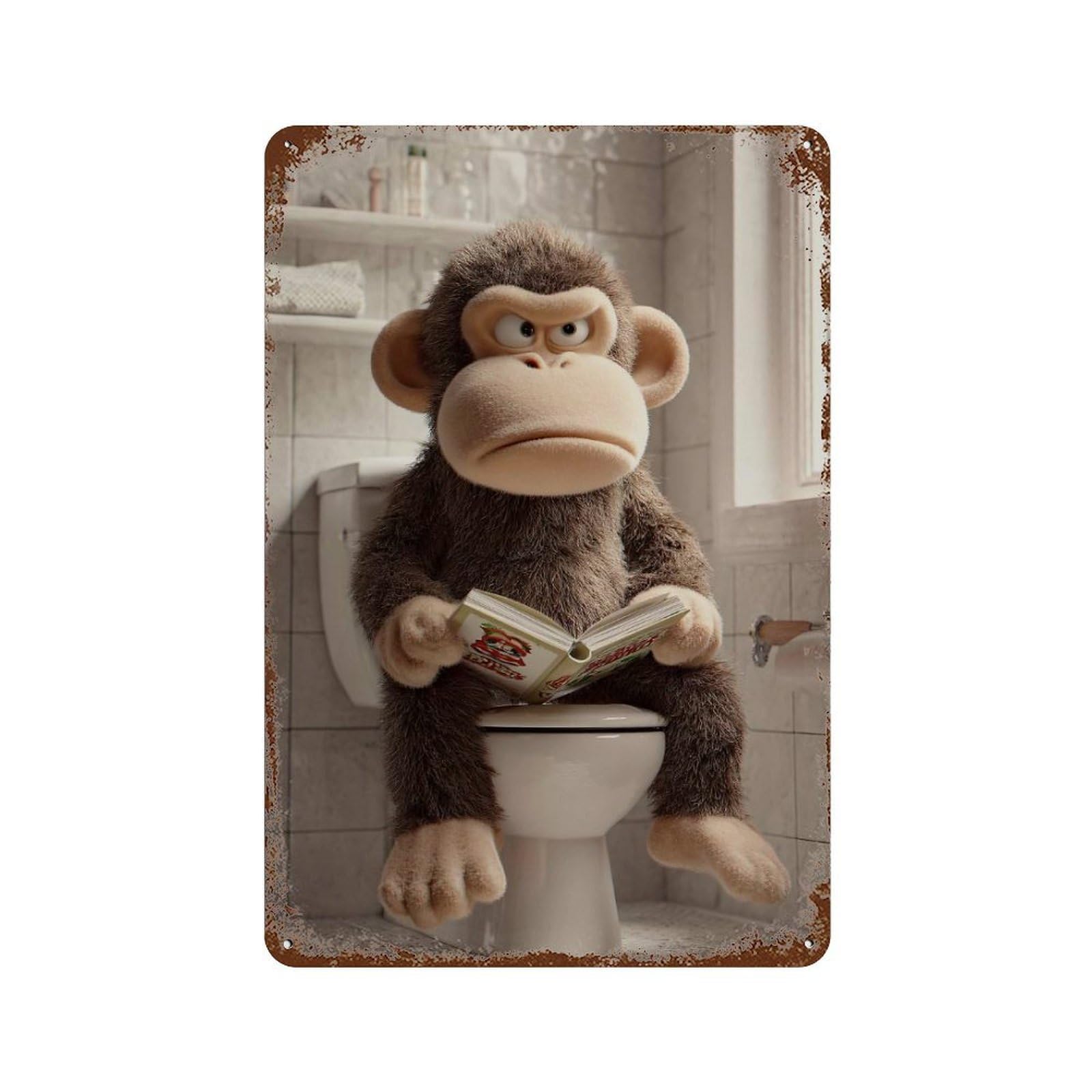 Grumpy Monkey Reading on The Toilet 11.8"x7.9" Weathered Tin Sign, Shabby Chic Decor for Farmhouse, Kitchen And Entryway Decor