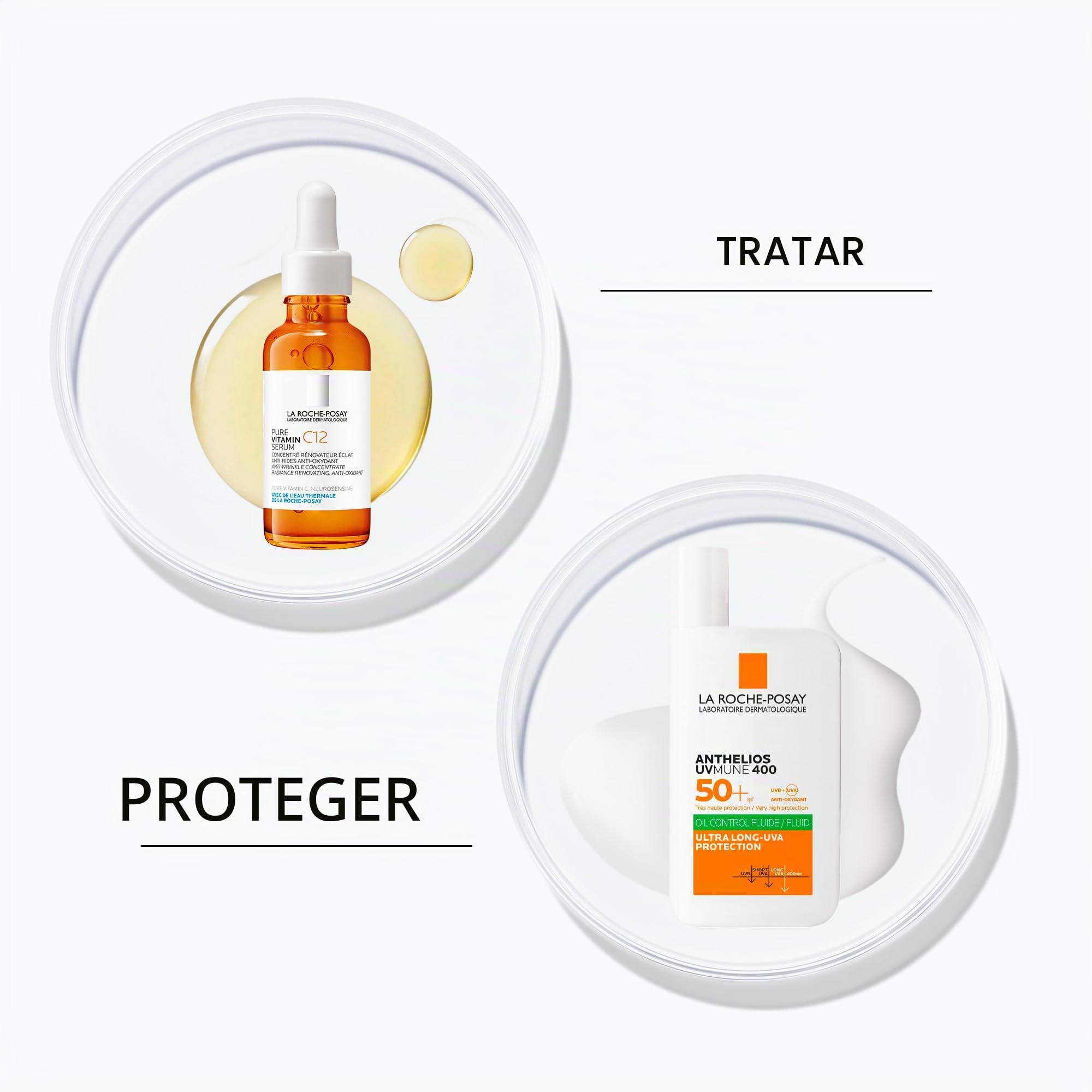 Rutina de Verano Antiedad La Roche Posay, Fluido Invisible Protector Solar con SPF50+ con Efecto Matificante 24 Horas 50ml + Sérum Pure Vitamin C12 Antiedad con Vitamina C, 30ml