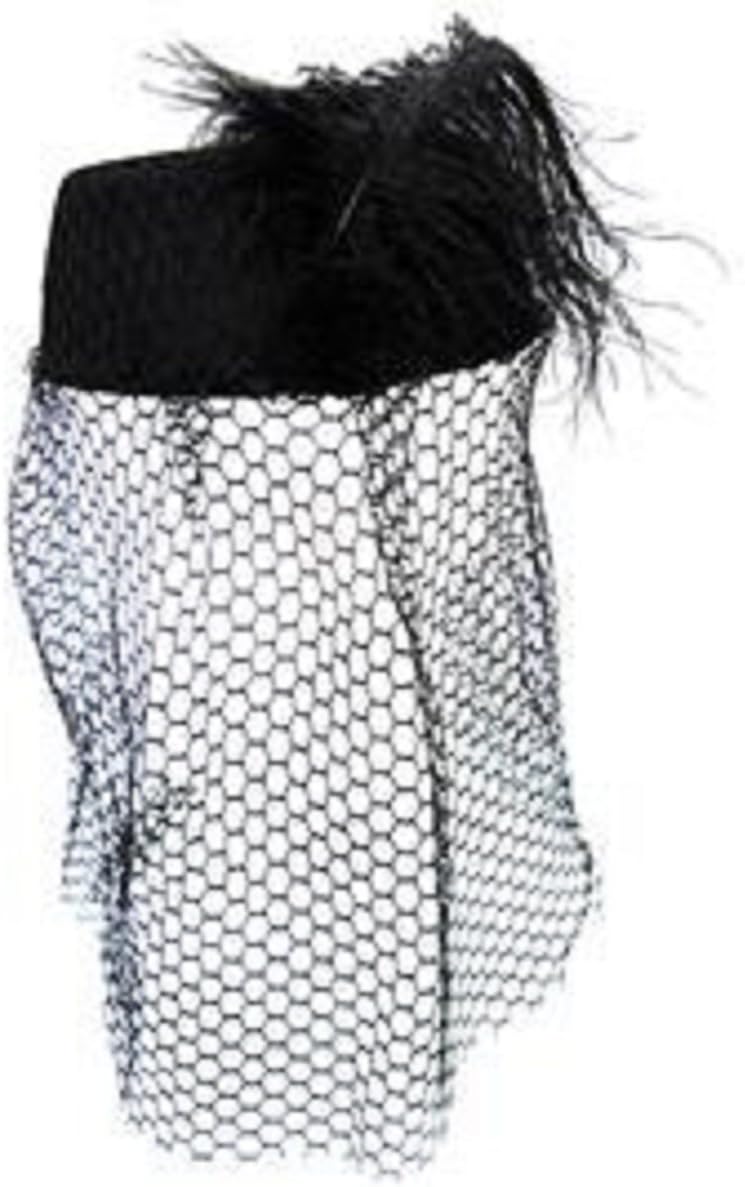 Black Pillbox Hat with Black Netted Veil and Feather