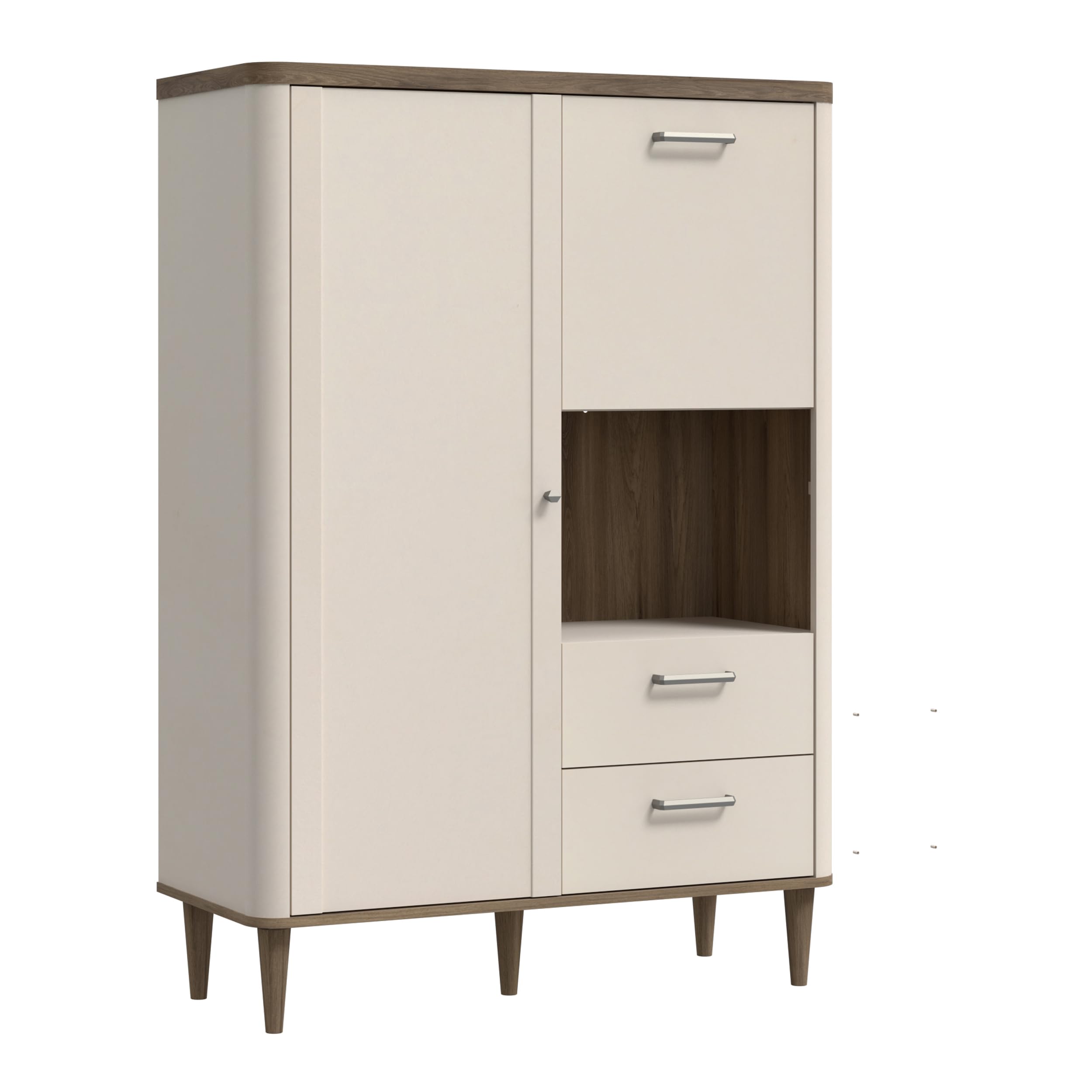 Forte LACETTI Schrank 100, modernes Highboard mit abgerundeten Ecken, Tür, Kippfach und 2 Schubladen, Kaschmir | Beige mit Valencia Eiche Holzdekor, 100,1 cm breit x 142,9 cm hoch x 41,2 cm tief