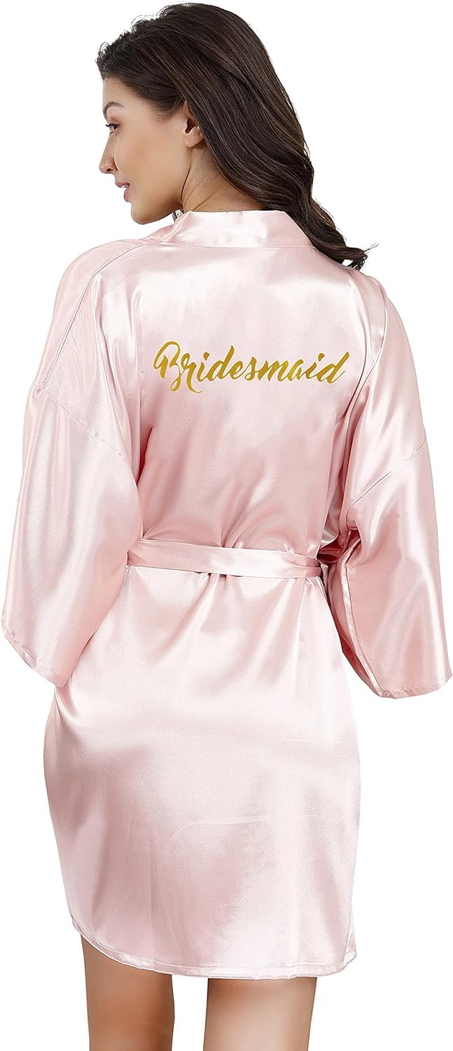 Elegant Kimono Robes for Bridesmaid and Bride - Perfect for Wedding Party and Getting Ready, Embroidered Bridal Party Robes with Solid Color Silky Satin and Gold Glitter Accents