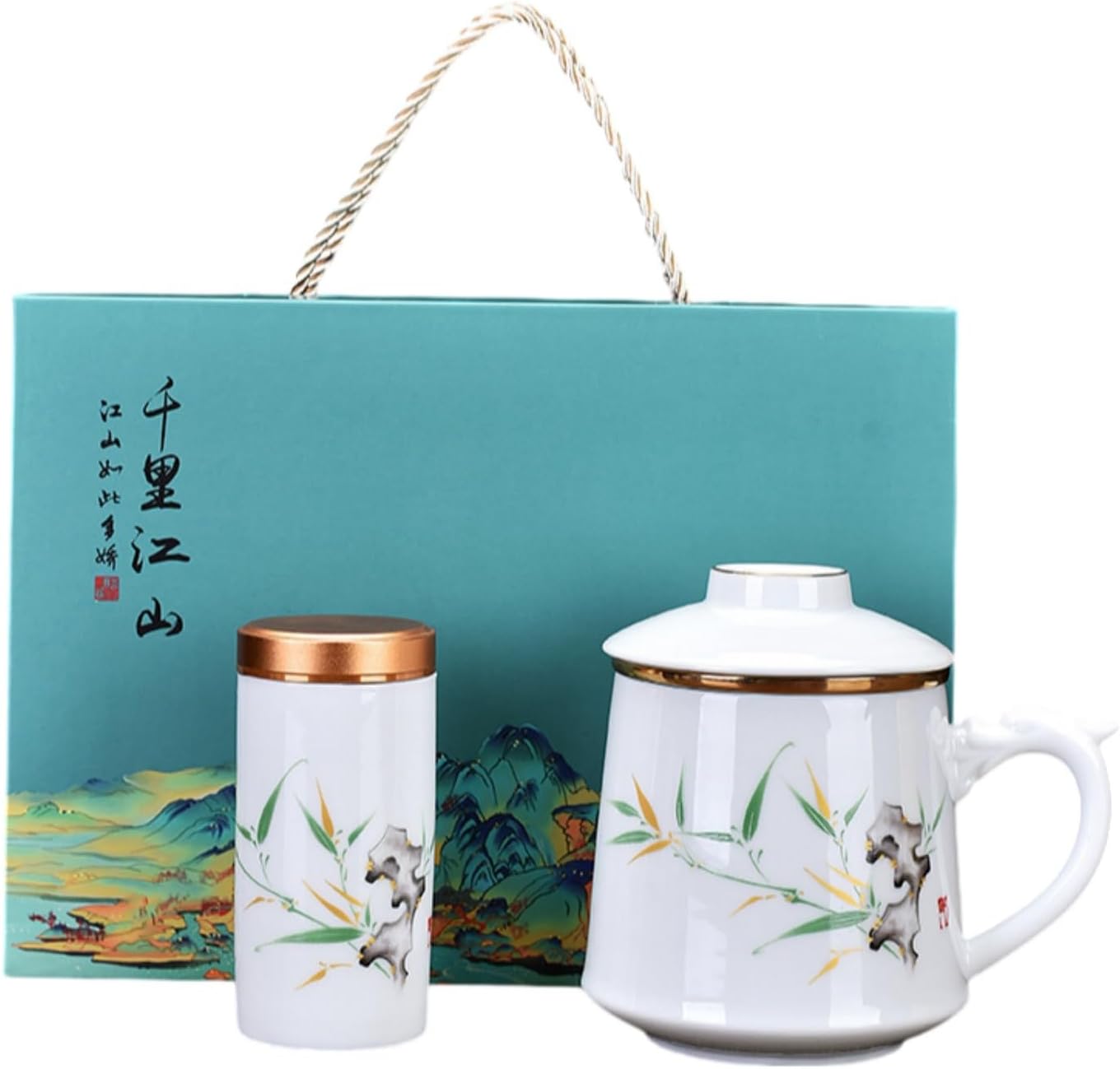 陶瓷茶水分离泡茶杯家用礼盒装公司 Ceramic Kung Fu Tea Set,teapot,Teacups,warming Wedding Birthday Gift,Tea Tray Chinese,Dishwasher Safe 青竹水杯+茶叶罐礼盒装-401-500ml
