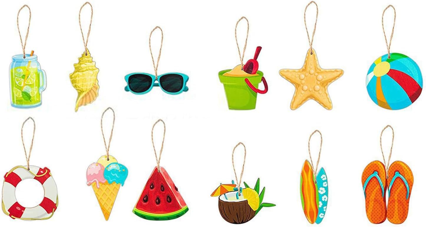 12 Pcs Summer Decorations Hanging Wooden Ornaments for Tree, Tropical Hawaiian Luau Party Decor with String, Summer Beach Theme Hanging Decorations for Home