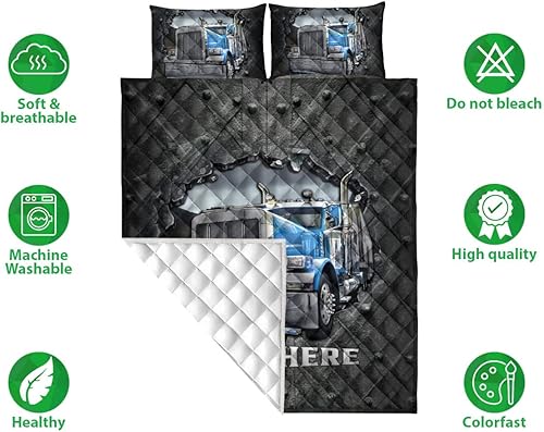 Miniatura 2 de Juego de cama y fundas de almohada con patrón de grietas de camión azul personalizado, con nombre personalizado para todas las estaciones, juego de