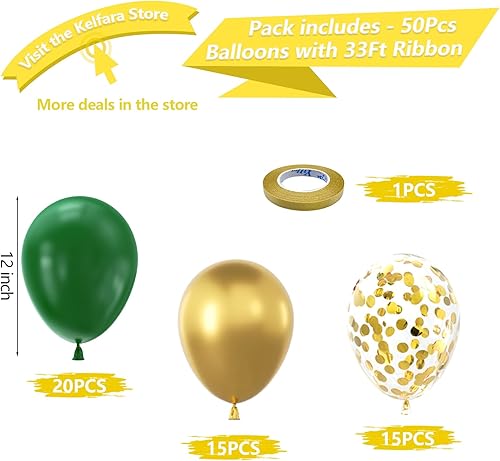 Miniatura 3 de Kelfara Globos de color verde dorado, 50 globos de látex de confeti dorado metálico de 12 pulgadas con cintas doradas para Navidad, cumpleaños,
