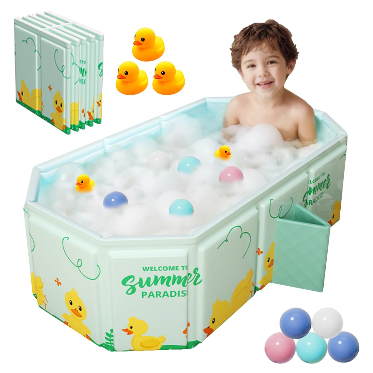 Bañera plegable para Niños, Bañera Grande para Niños Pequeños,Bañera Portátil con Juguetes para Niños,Trae 5 pelotas oceánicas y 2 patitos de goma gigantes (Azul)