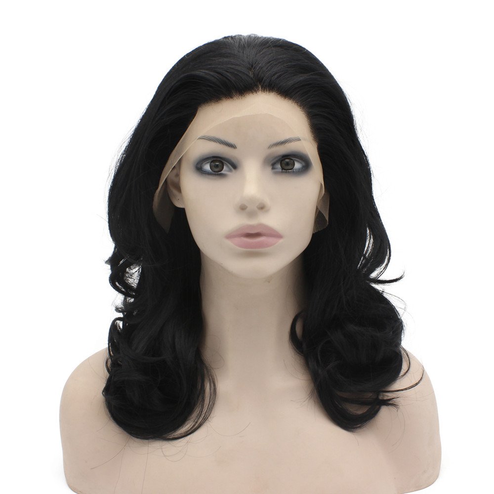 Iwona parrucca naturale con capelli sintetici lunghi e ondulati, resistenti al calore, colore nero