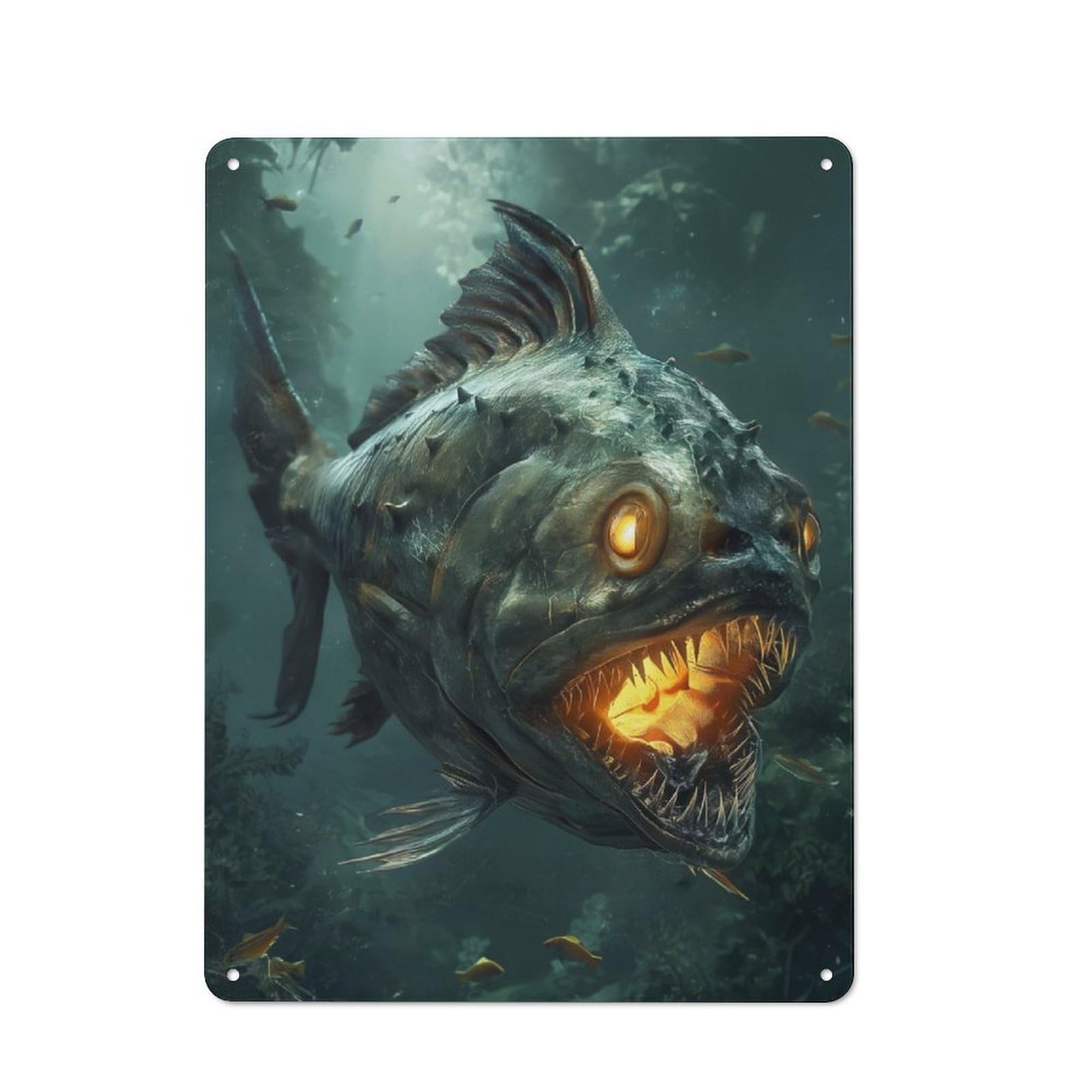 Junmoney Fantasy Piranha Glowing Retro Metal Sign With Design 40X30cm, Weathered Look Shed Wall Plaque For Garage, Workshop, Shed Or Utility Room