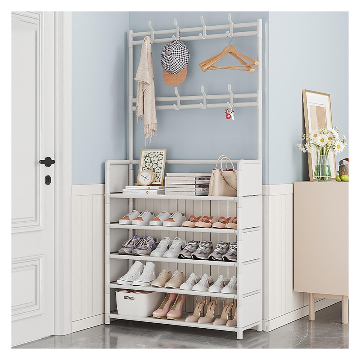 TCXSSL Coat Rack Stand With 8 Removable Hooks And 5-Tier Shoes Rack Free Standing 16mm Tube Garment Rack For Hallway, Entryway (Color : White, Size : 80x26x172cm)