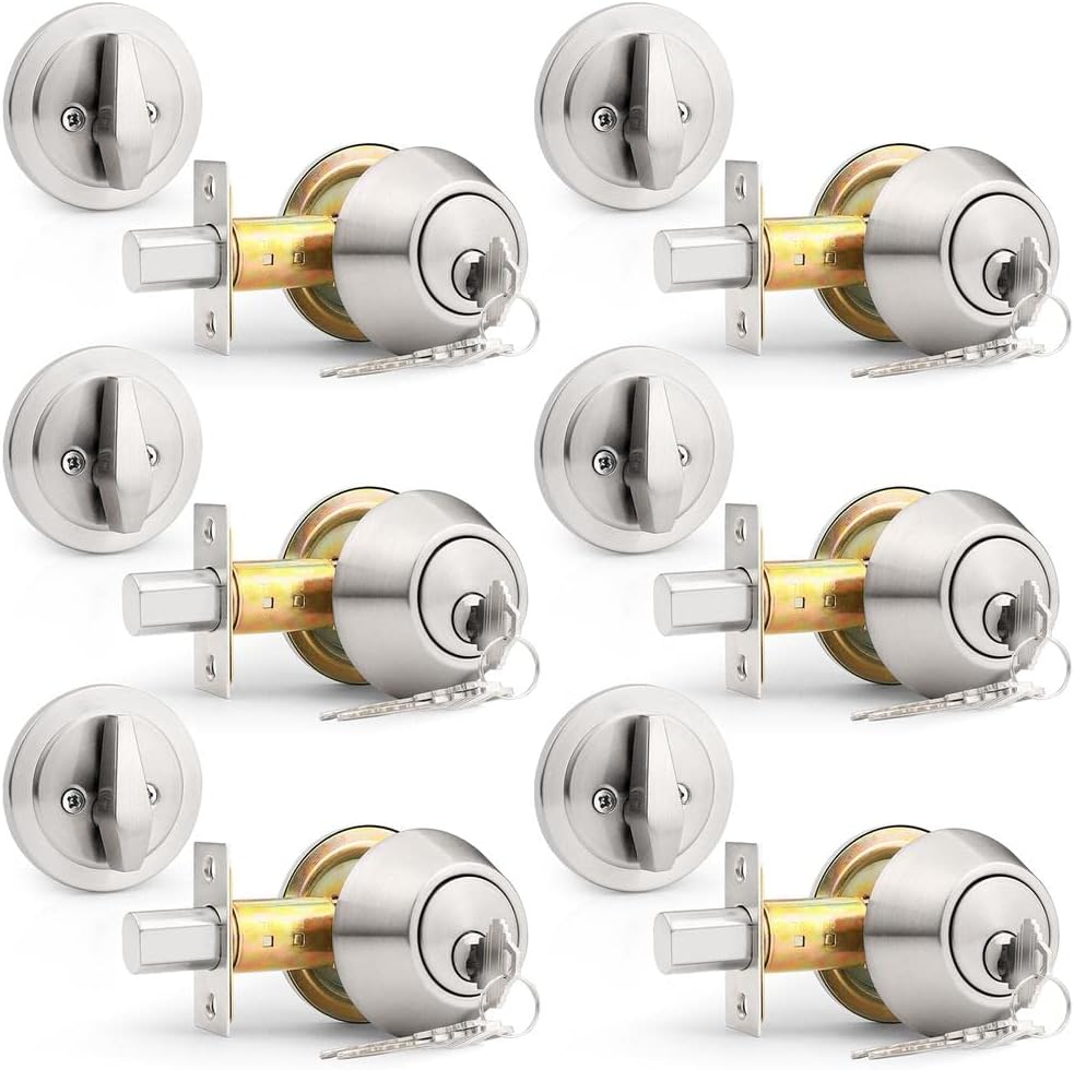 Probrico 6 Pack Brushed Nickel Single Cylinder Deadbolts, Keyed Alike