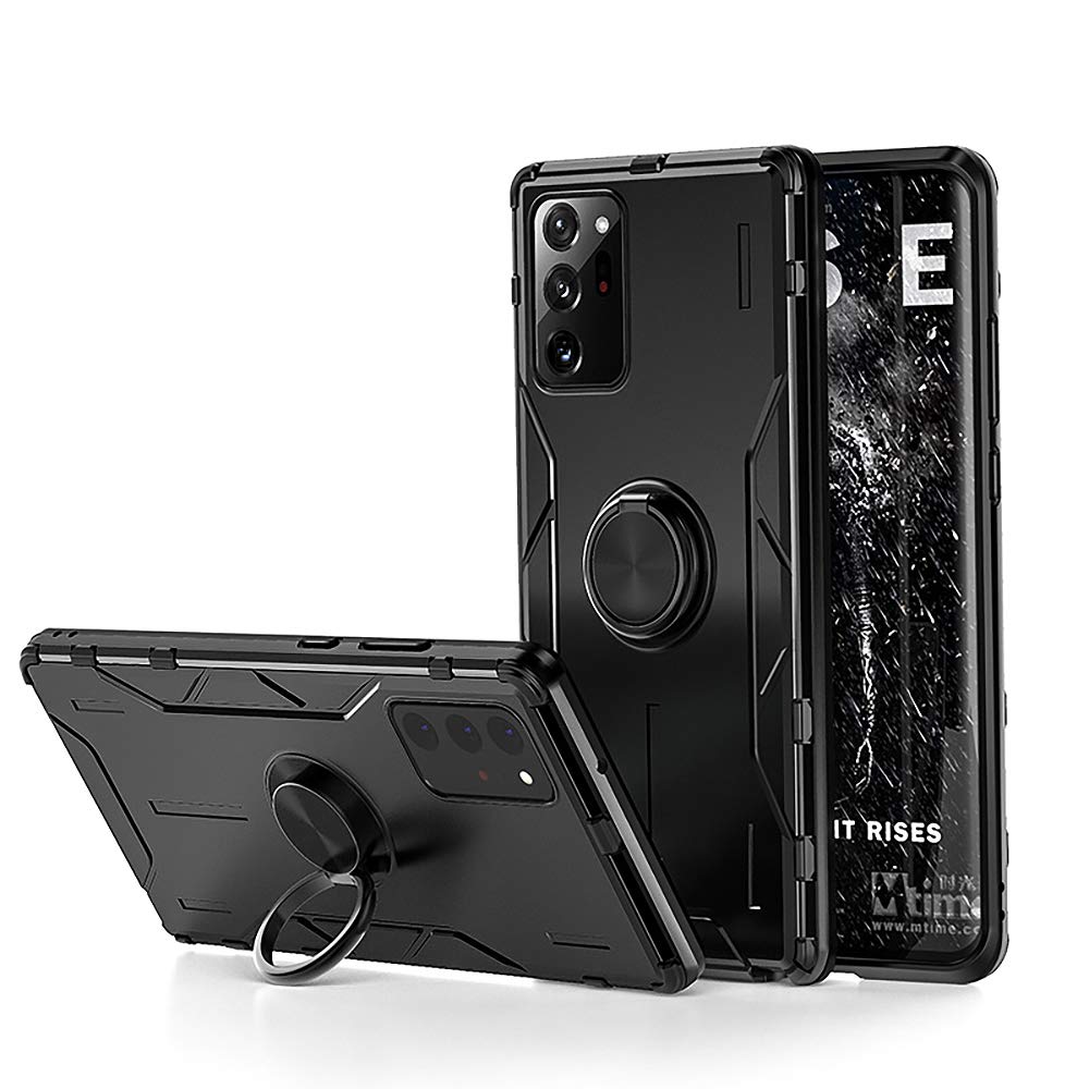 Jonwelsy Case for Samsung Galaxy Note 20 Ultra, Shockproof Soft Silicone + Aluminum Alloy Armor Cover with 360 Degree Rotation Ring Holder Kickstand Compatible Magnetic Car Mount (Black)
