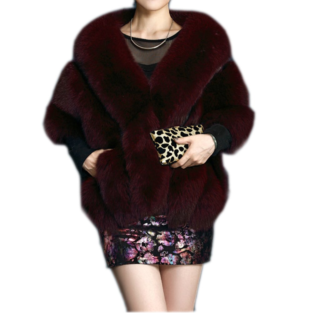 FOLOBE Wedding Faux Fur Bridal Scarves Jacket Stoles Women's Thicken Faux Fur Wrap Shawls Shrug Warm Poncho for Winter Wedding Dress, Winered, One Size