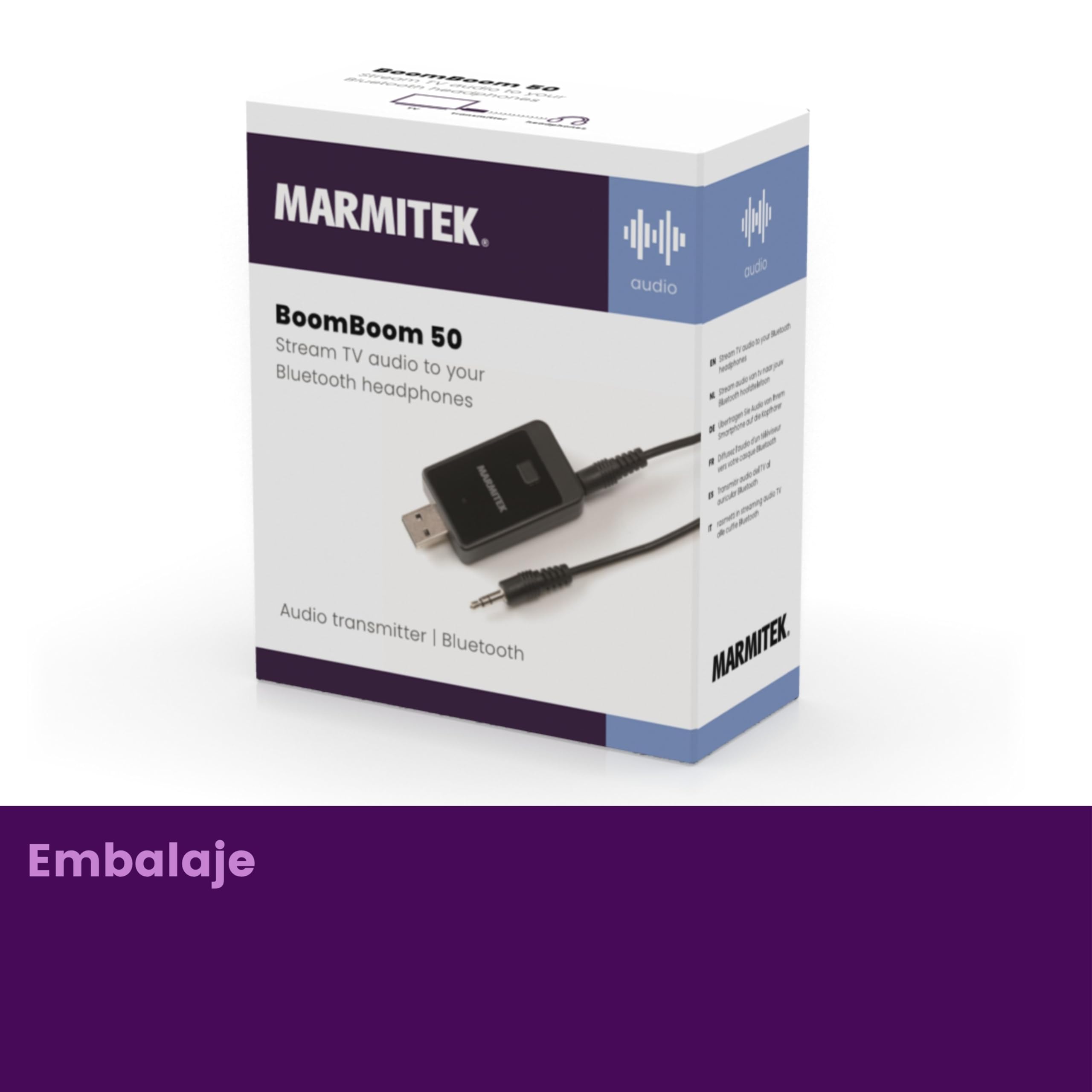 Marmitek BoomBoom 50 - Transmisor Bluetooth TV para auriculares | Emisor de audio jack 3,5 mm para sonido TV inalámbrico, USB, Plug & Play, AAC, aptX, A2DP y fácil emparejamiento