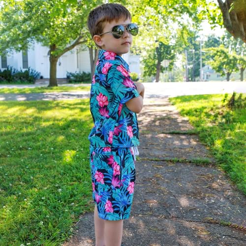 Image of UNICOMIDEA Boys Hawaiian Outfits Tropical Print Button Down Shirt + Swim Trunks 2 Piece Sets for 5-12T Kids