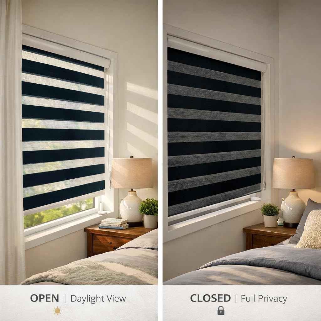 ShadesU Custom Size Zebra Blinds for Indoor Window Roller, Zebra Shades for Windows Privacy Light Filtering Shades (Maxium Height 100 inch) (Black Color)