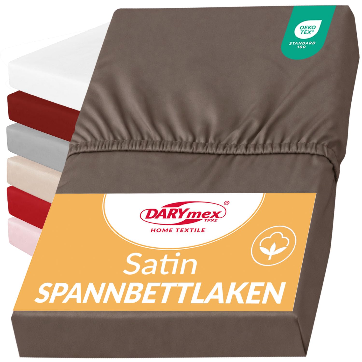 Darymex 3X Spannbettlaken, Baumwoll-Satin, 140x200 cm, bis 20 cm, Sepia