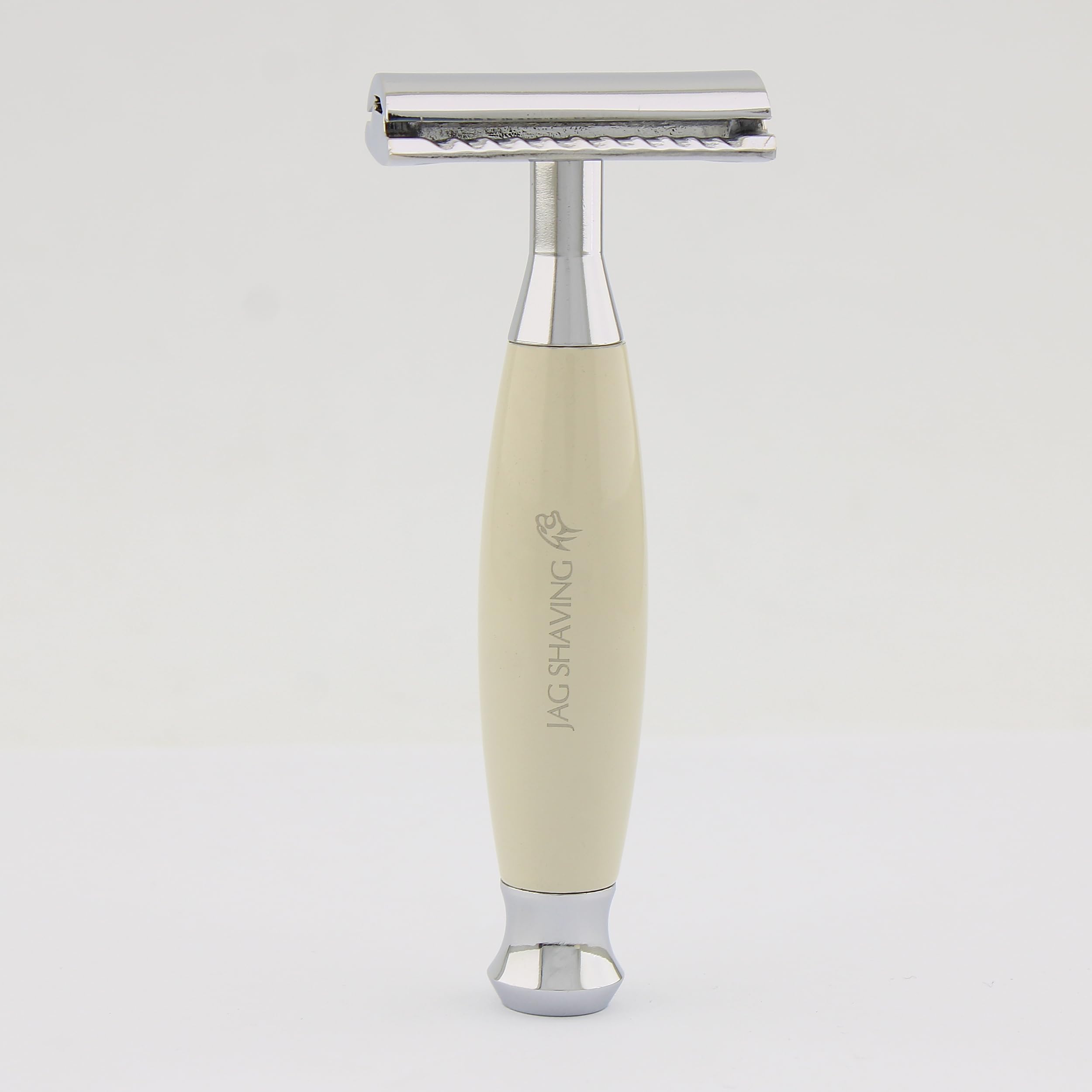 Haryali London, Set da barba in 4 pezzi, elegante set per la cura della barba color avorio, comprendente rasoio di sicurezza a doppia lama, astuccio in pelle, pennello in pelo di tasso e supporto.