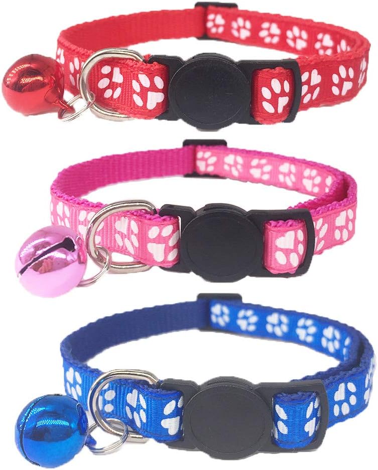 TAFEIYA 3X Cute Design Adjustable Cat Collars More Safety Quick Release Safety Buckle with Bell(Red, Pink, Blue) (Cute)