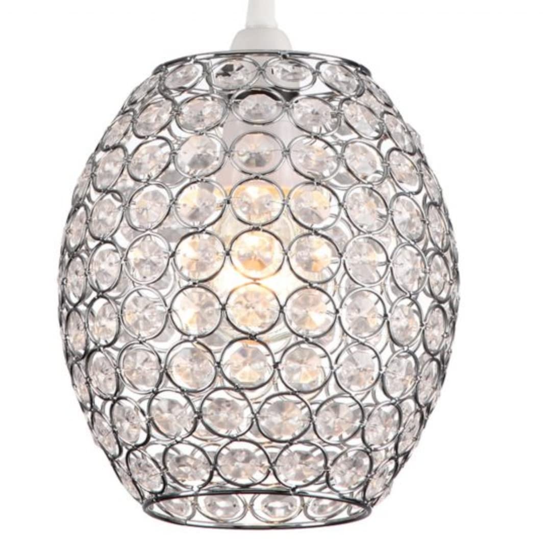 Loxton Lighting - Oval Pendant Light Shade Clear Jewels with Silver Wire and Chrome Frame BC Shade Ring Ceiling Light for Bedrooms, Lounges, Halls, Kitchens (2)