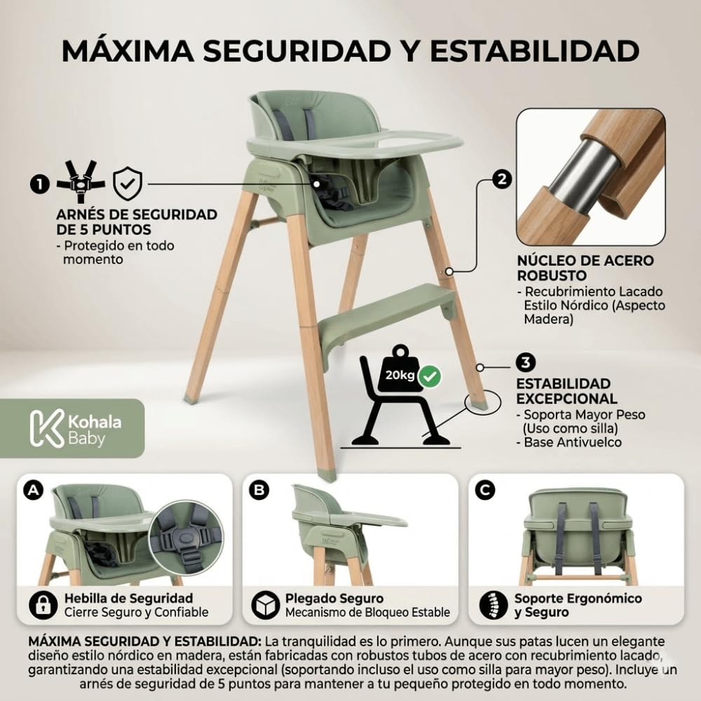 DEVESSPORT Trona 2 en 1 Plegable y Evolutiva (6 a 60 Meses) - Silla Alta Convertible con Montaje Sin Herramientas, Bandeja Extraíble, Cojín Lavable y Estructura de Acero Lacado - Verde