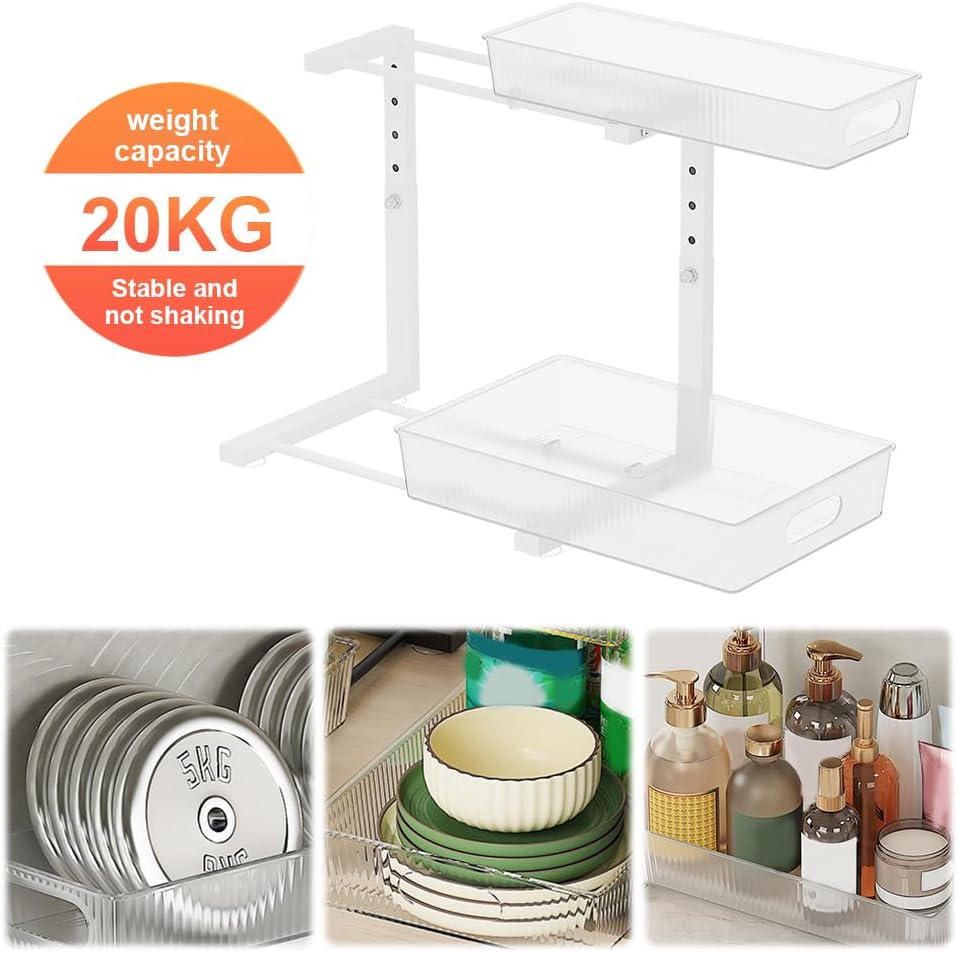 Under Sink Organizer, Adjustable Height 2 Tier Pull Out Cabinet Organizer, Thickened Metal Slide Out Under Sink Storage for Kitchen Bathroom Laundry Pantry – White, 2-Pack