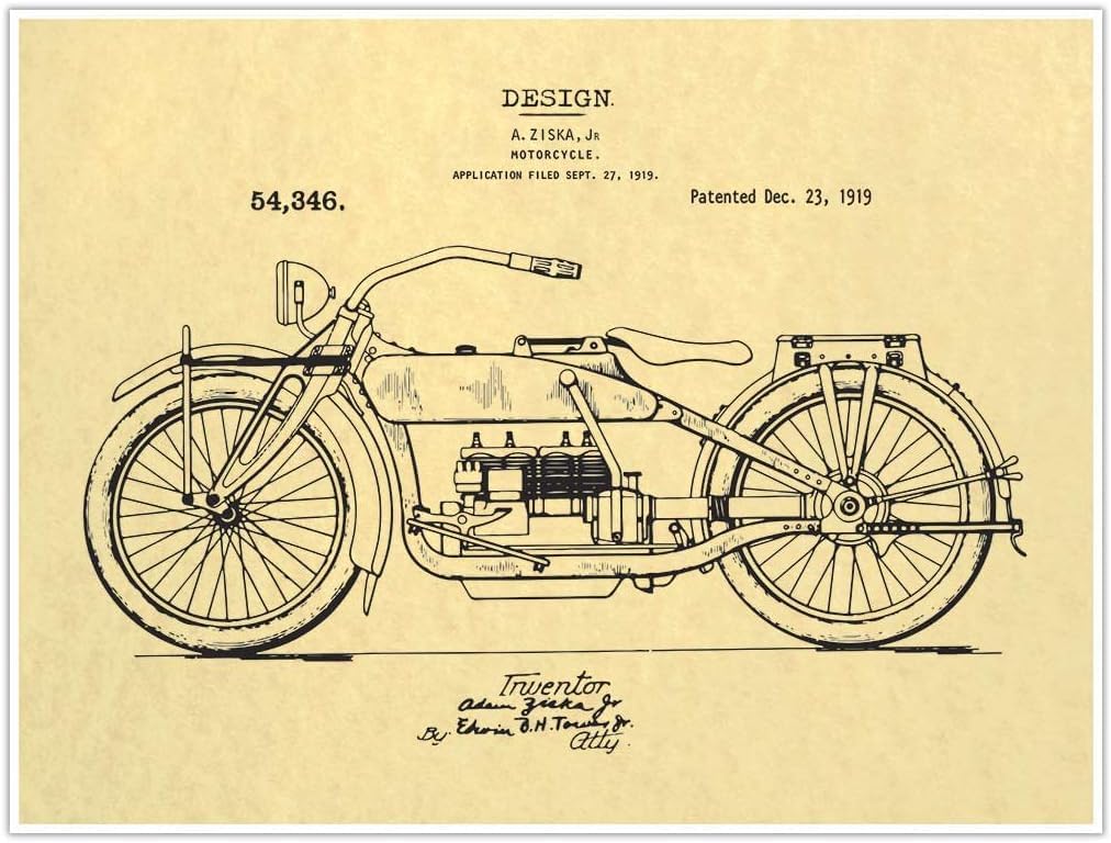 Motorcycle U.S. Patent Design Diagram circa 1919 | Art Print Poster Vintage Wall Decor (Artist Canvas, 24 x 32 inches)