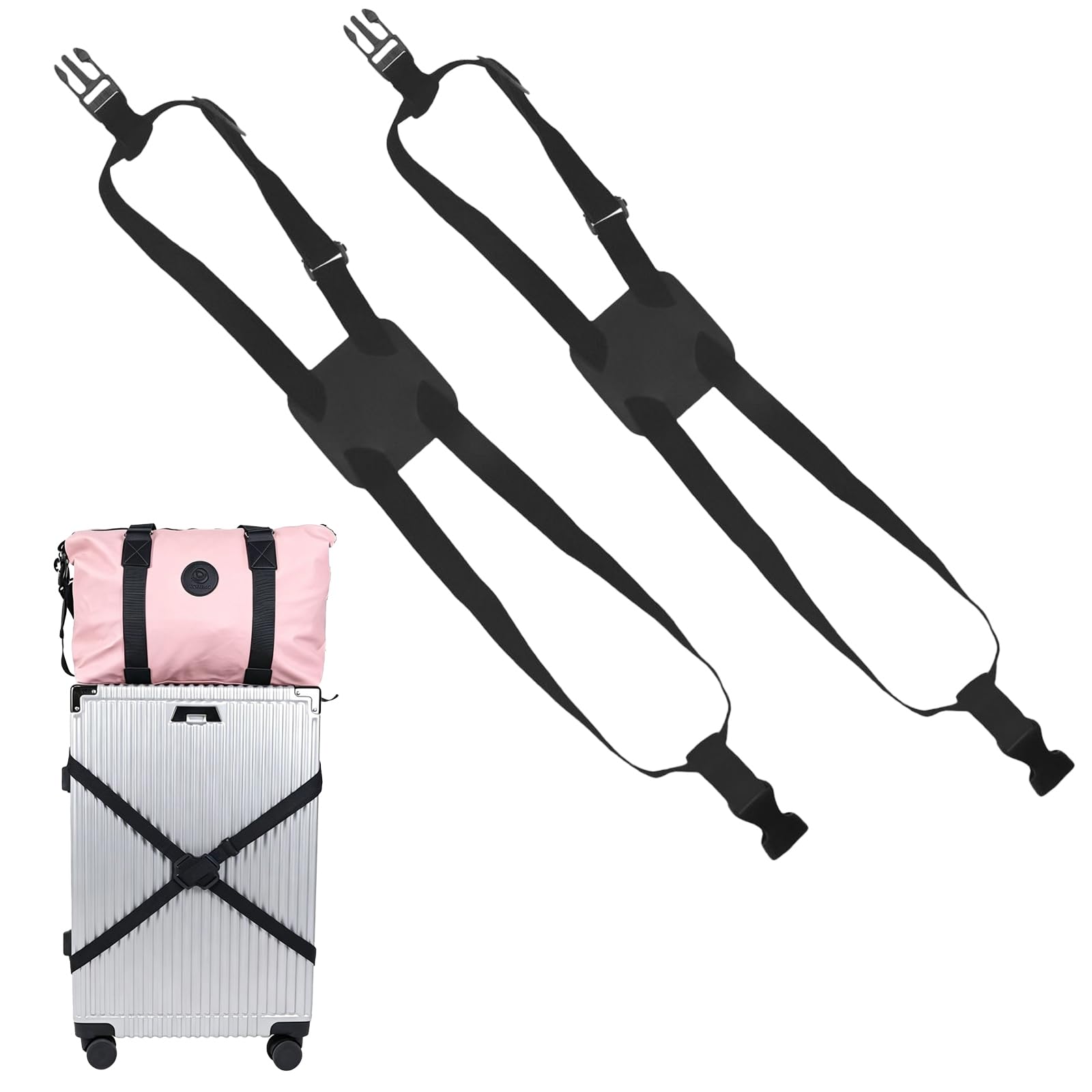 Soda Saddle for Luggage, Adjustable Luggage Straps for Multiple Suitcases, Secure Additional Bags to Wheeled Luggage, Two-Pack Black PU Polyester Elastic Straps 84 cm Length-image-10