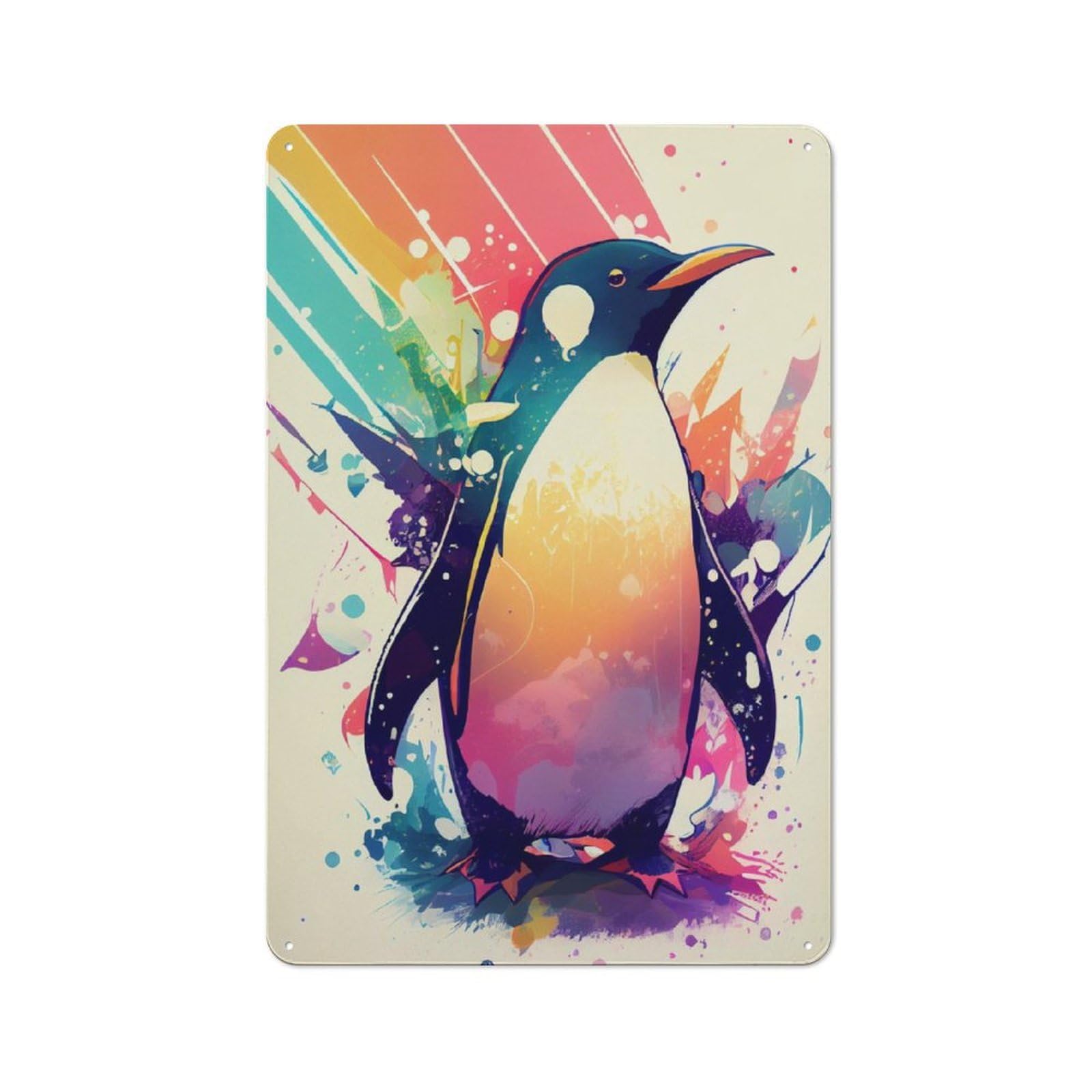 Junmoney Penguin Rainbow Tin Wall Sign 30X20cm, Country Style Bistro Wall Plaque For Coffee Bar, Kitchen, Bistro Or Tea Corner