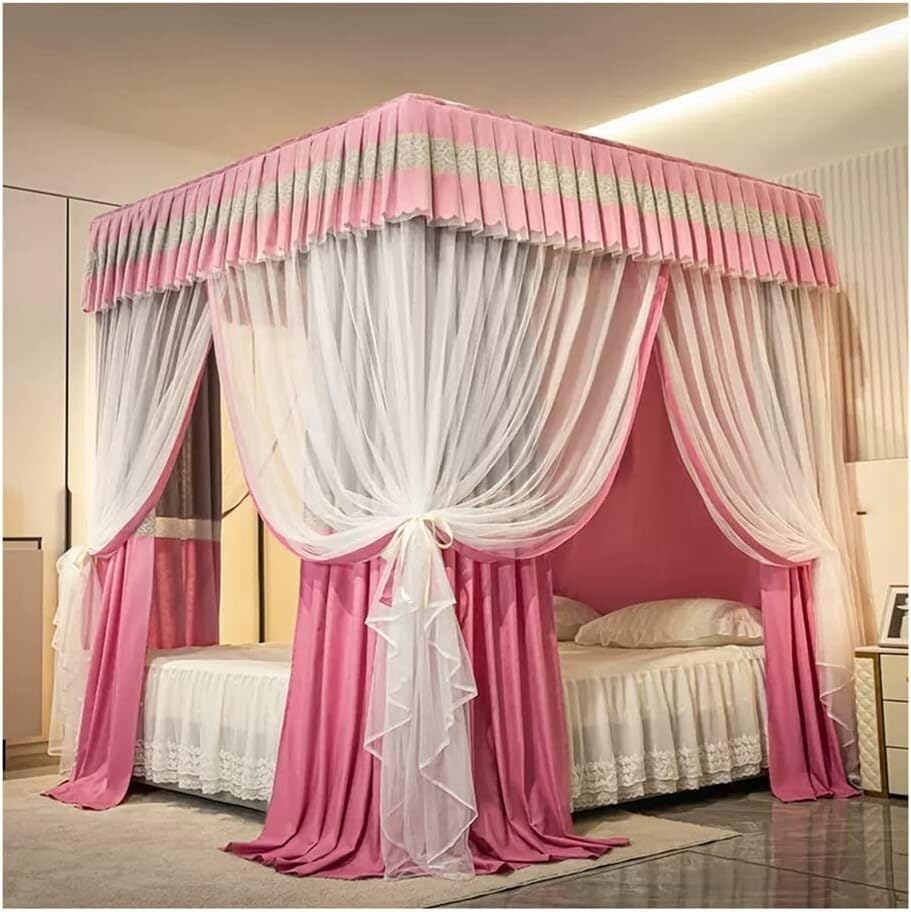 Moustiquaire à baldaquin de lit rose 150x200 et 180x200 cm avec support métal