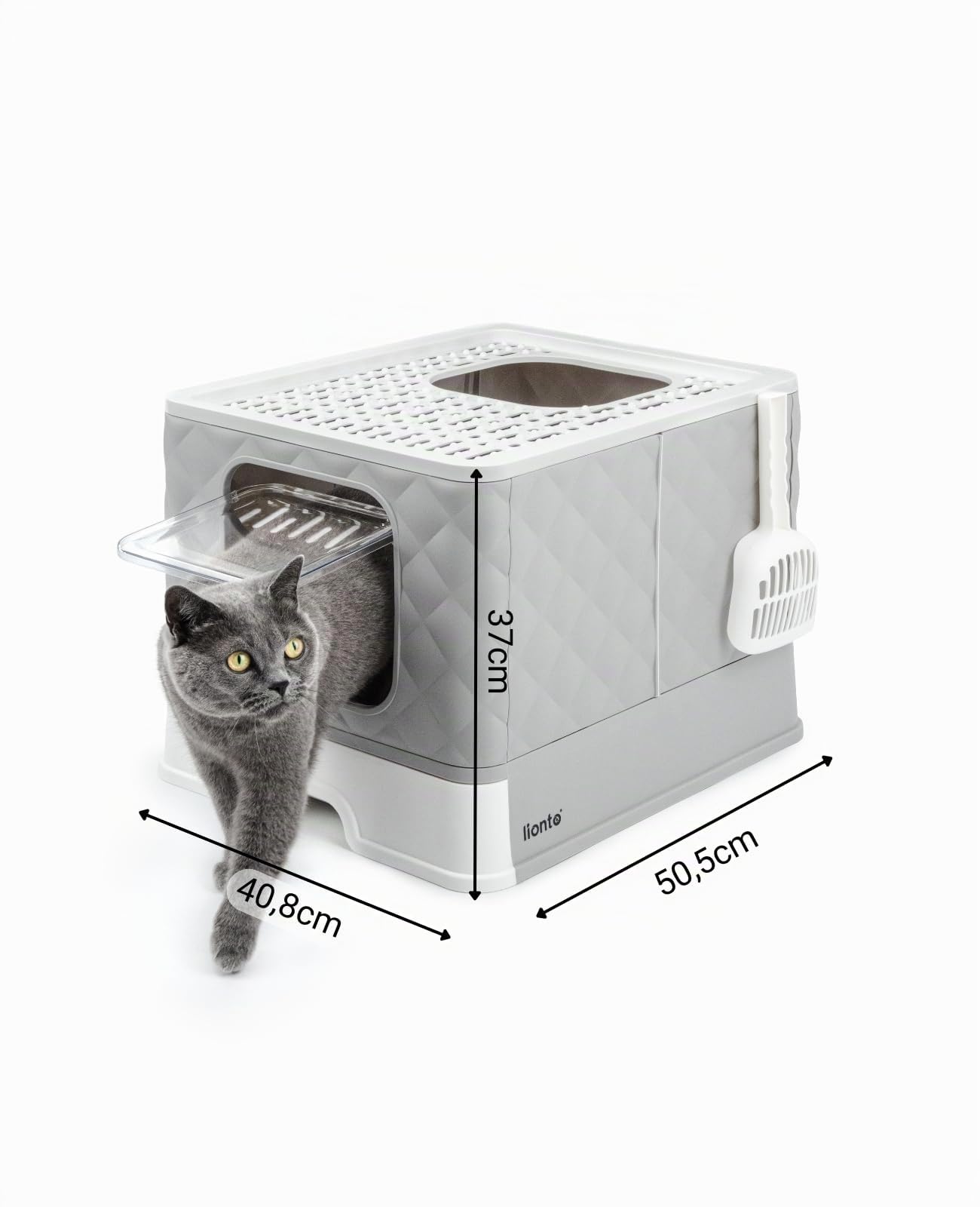 lionto Litière pour Chat avec tiroir et Pelle, 50,5x40,8x37 cm, bac à litière avec 2 Sorties et Fond Anti-Fuite, pour Chats jusqu'à 15 kg, Pliable, matériau PP Durable, Blanc-Gris