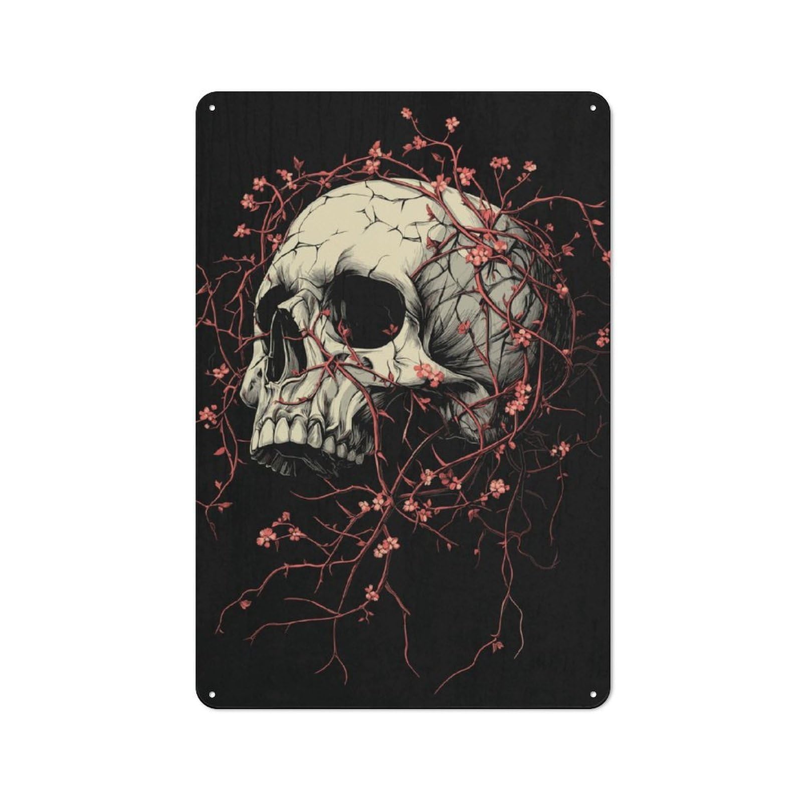 Skull with Cherry Blossoms Workshop Style Metal Wall Decor 30x20cm, Decorative Metal Plaque for Garage, Workshop, Shed Or Utility Room