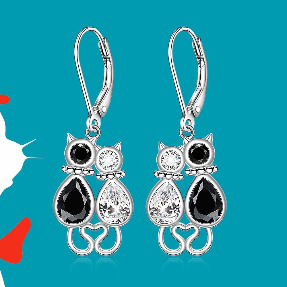 Cute Cat Earrings Dangle Sterling Silver Black and White Kitty Earrings Sparkly Pet Cat Lover Gifts Valentines Day Christmas Novelty - Image 2