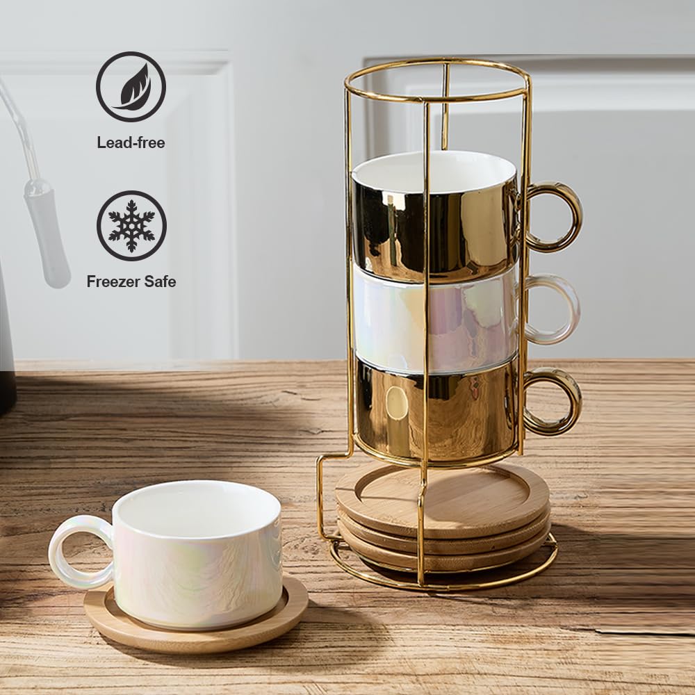 LUKA Porzellan-Espressotasse mit Untertassen und Metallständer, stapelbare Keramik-Demitasse-Espressotassen, Cappuccino-Tassen für Latte, Kaffee, Café, Mokka, Tee, 170 ml, schimmerndes Gold, 4 Stück