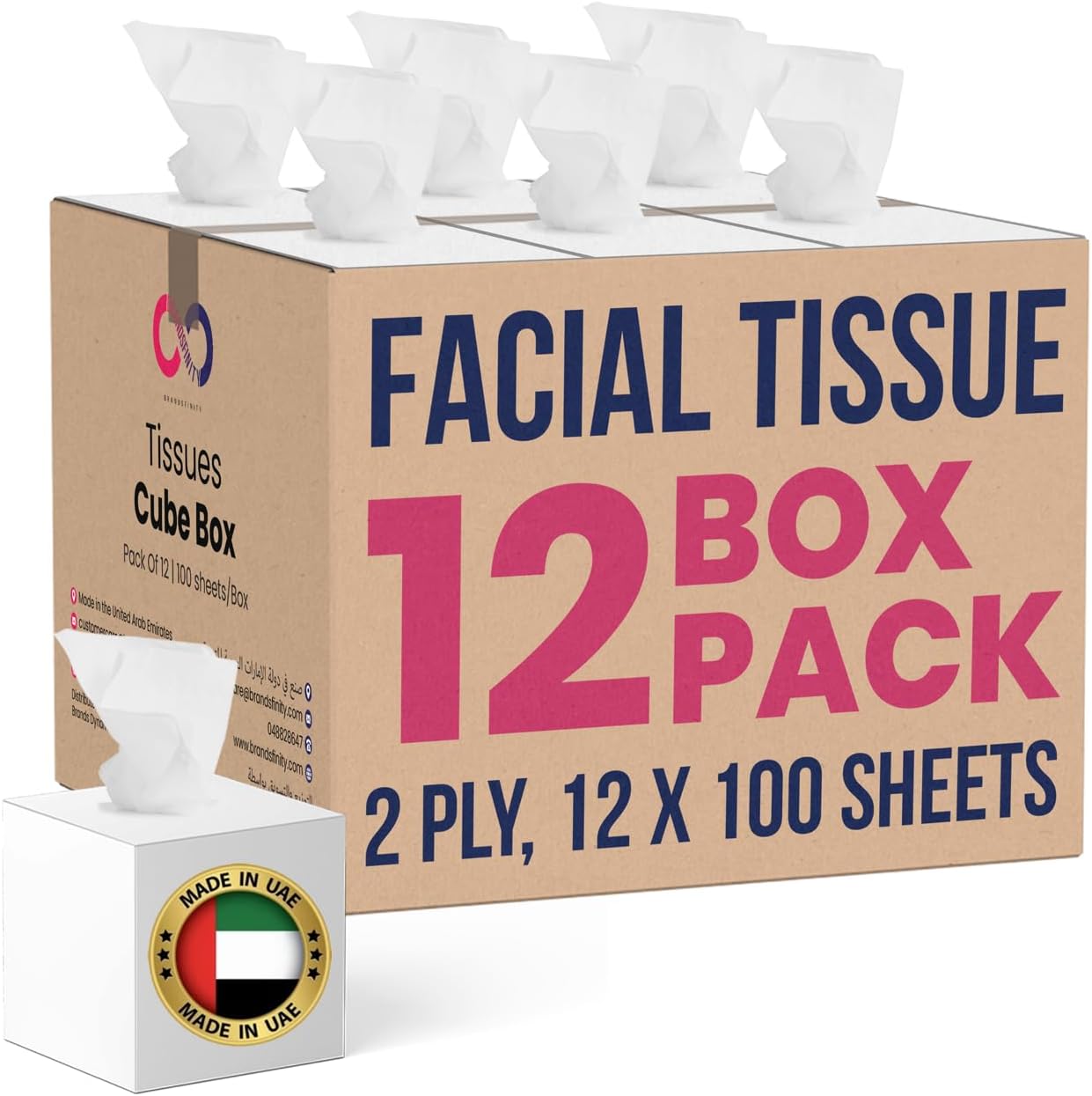BRANDSFINITY 2 Ply Facial Tissue - Pack of 12 Cube Boxes of 100 Sheets - Contains 1200 Premium Quality Soft and Absorbent Tissues