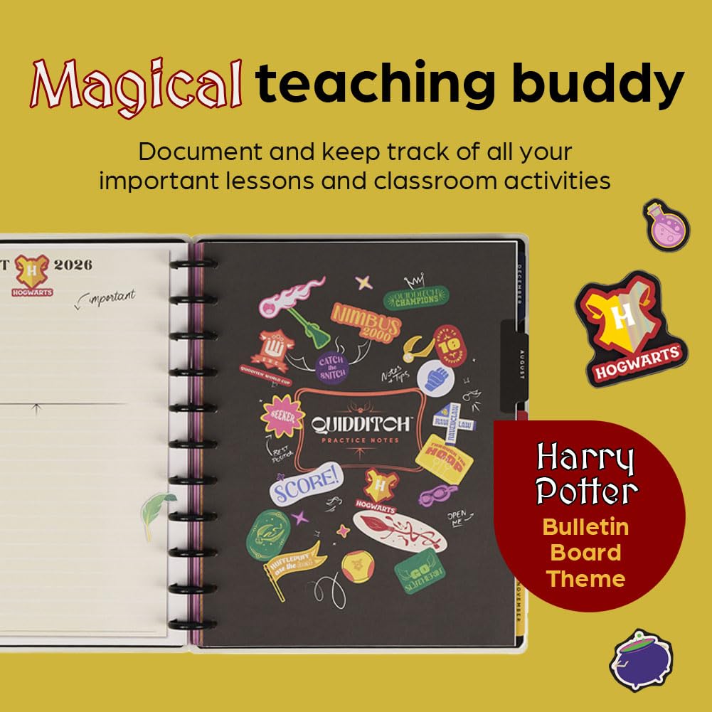 Happy Planner - Planificador académico de 12 meses de Harry Potter encuadernado en disco, julio de 2026 a junio de 2027, tamaño grande, 8.5 x 11 pulgadas, diseño para profesores, tablón de anuncios