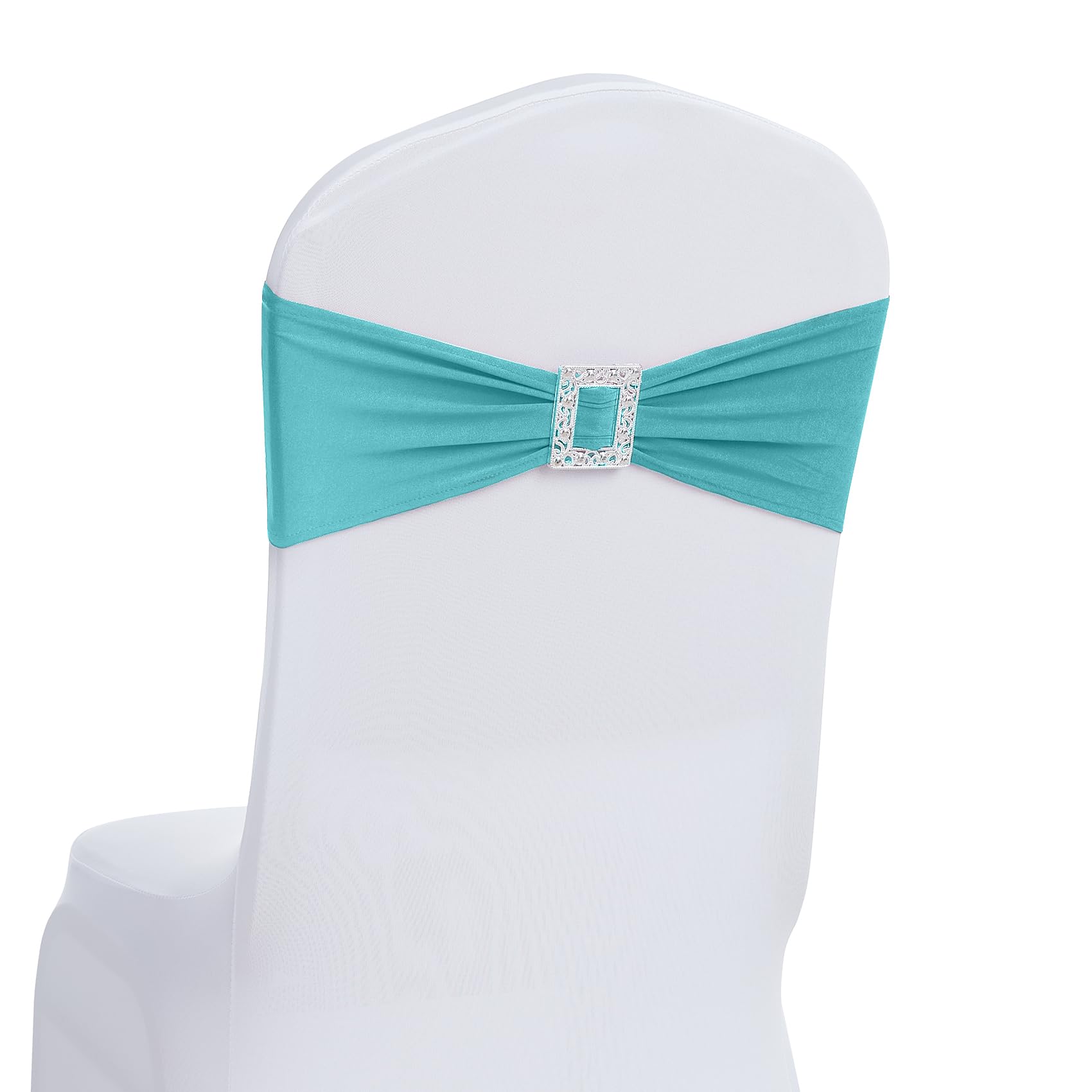 Joccun 60 PCS Spandex Chair Sashes Bows Stretch Chair Cover Band with Buckle Slider Universal Elastic Chair Ties for Wedding Banquet Party Event Decoration (Turquoise)