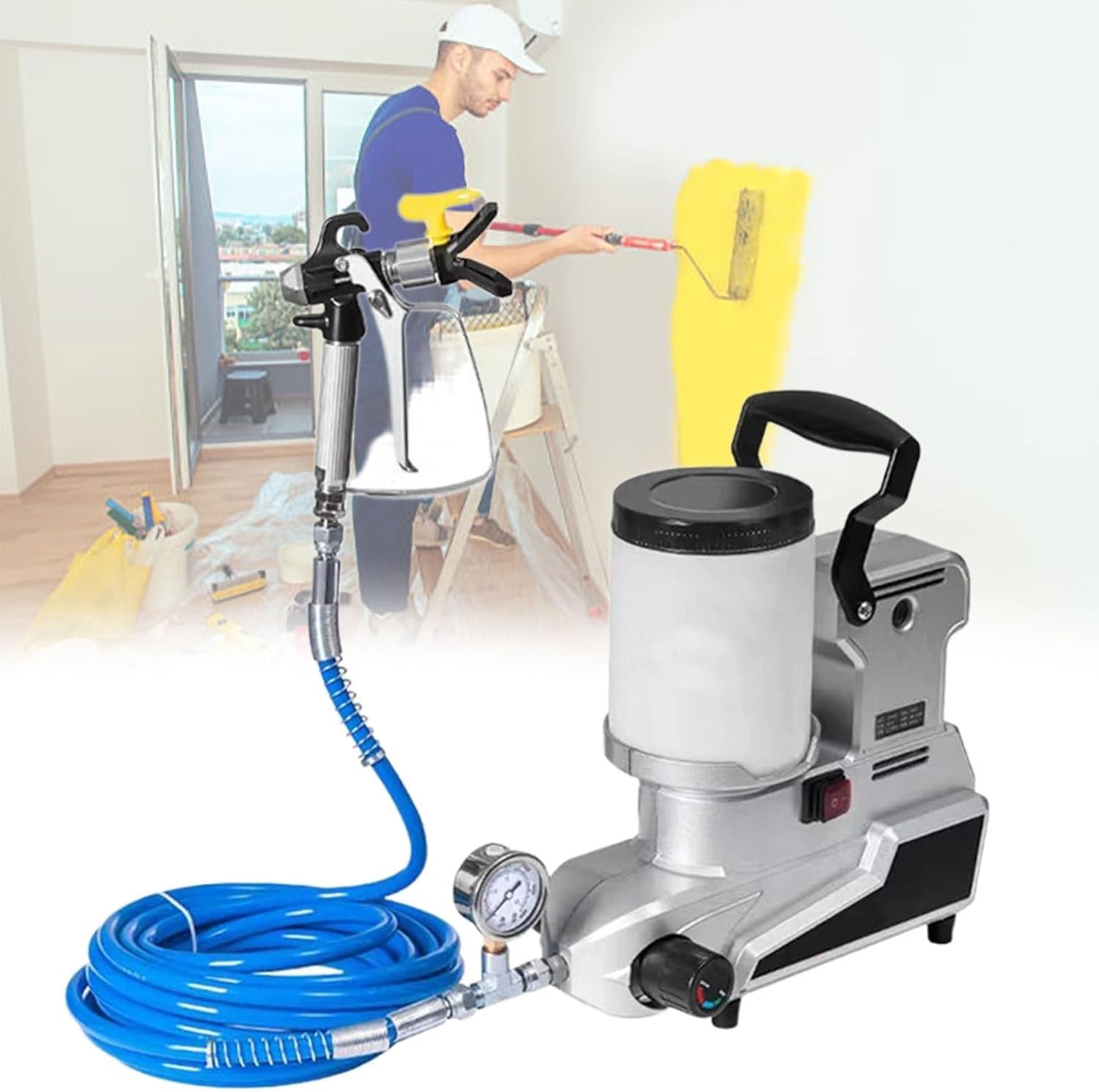 Pulverizador De Pintura Sin Aire De 1600 W, Máquina De Pulverización De Pintura Profesional De Alta Presión Con Flujo Ajustable, Salida De 2,5 L/Min, Manguera De 5 M Para Paredes Interiores/Exteriores
