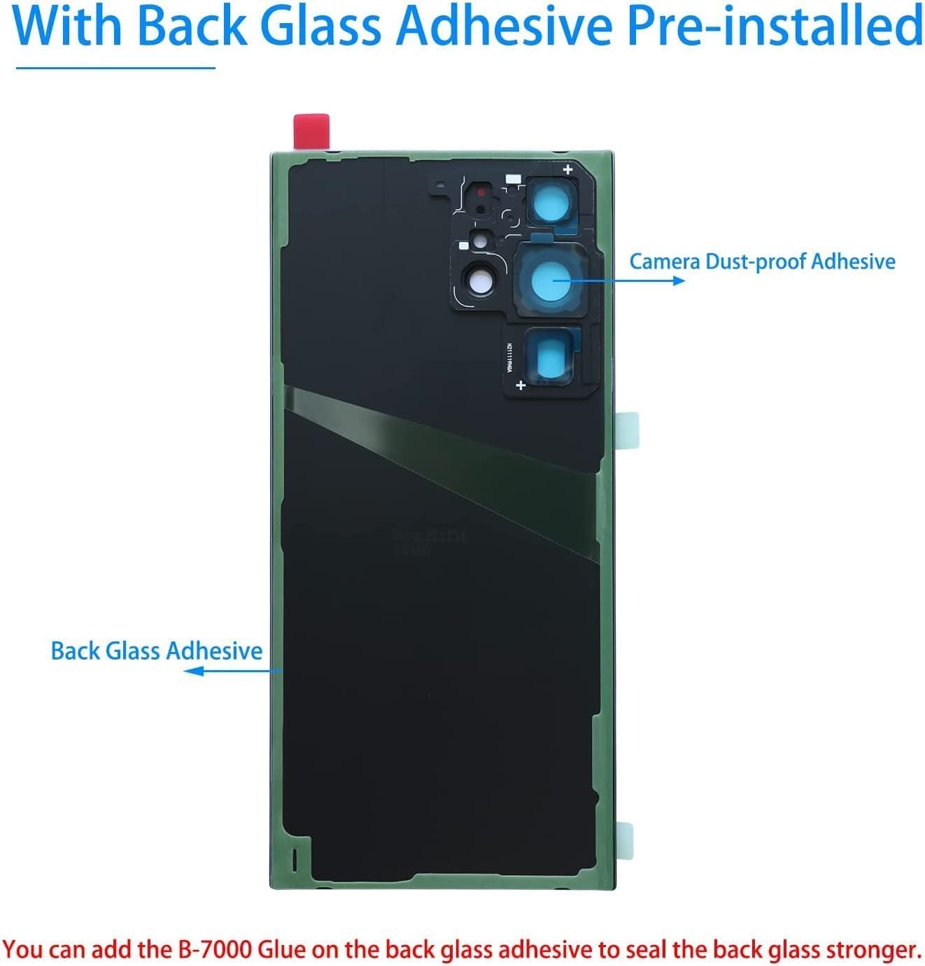Original Galaxy S22 Ultra Back Glass Replacement All Carriers with Pre-Installed Camera Frame Adhesive and Repair Tool (Green)