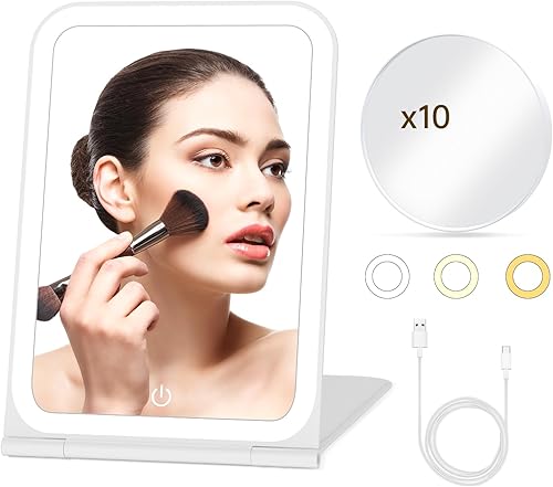 Espejo de maquillaje de viaje recargable con espejo de aumento de 10X, espejo de maquillaje iluminado con 72 LED, iluminación de 3 colores, pantalla