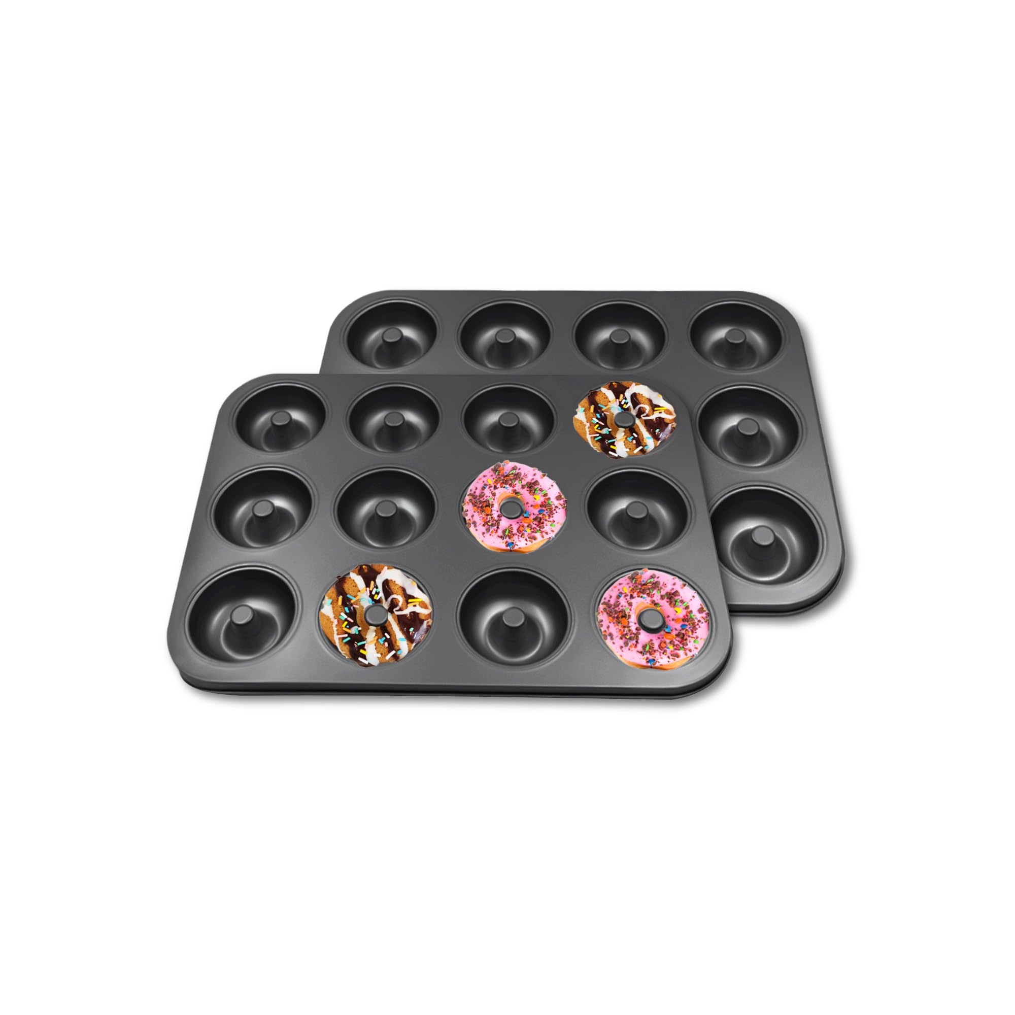 2 moldes para donas para hornear, bandeja antiadherente para donas de 12 cavidades, bandejas de acero al carbono para mini bagels y pasteles, donas para hornear horno (negro)