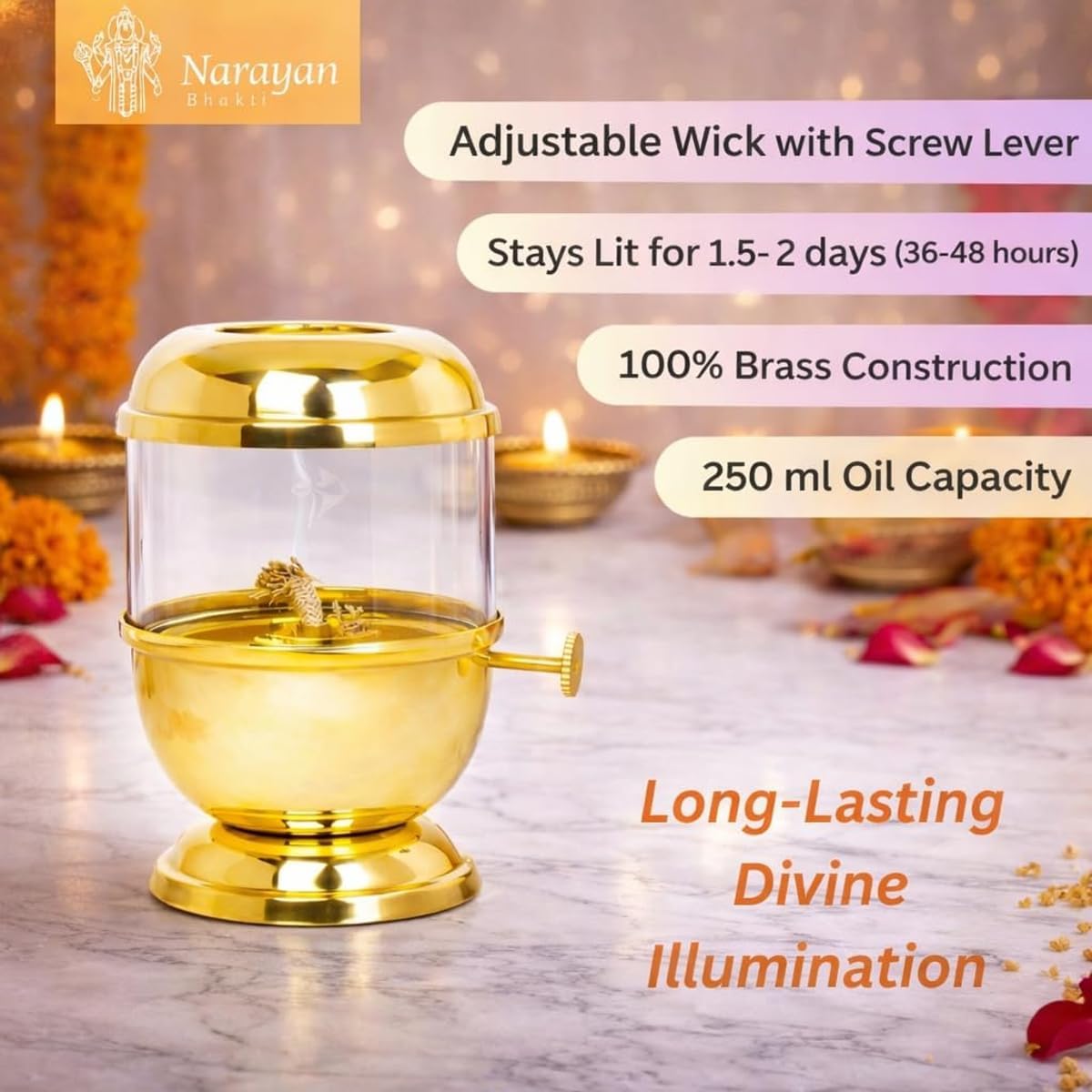 Narayan Bhakti™ Brass akhand Diya ,Big Size 250ml Oil Capacity with Wick-Lifting Screw Lever & Borosilicate Glass – Long Burning Oil lamp for Pooja | deepam for Mandir, Home Temple & Festive use