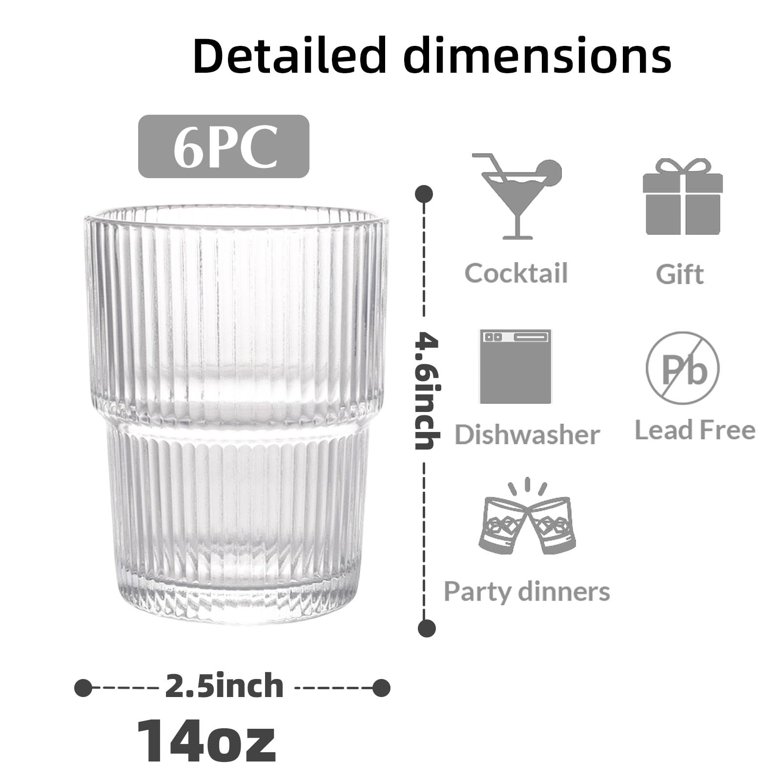 Juego de 6 vasos de vidrio acanalado de gran tamaño, 14 onzas, estilo origami, diseño estriado, ideal para agua, café helado, jugo, té con leche, cerveza, regalo de inauguración de la casa