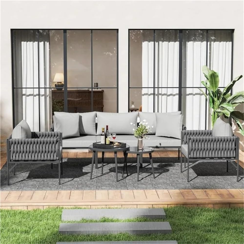 6pcs Patio Furniture Set Patio Conversation Set with Handwoven Rope and Deep Seating Outdoor Furniture Sofa with Two Round Side Tables for Garden Backyard Porch